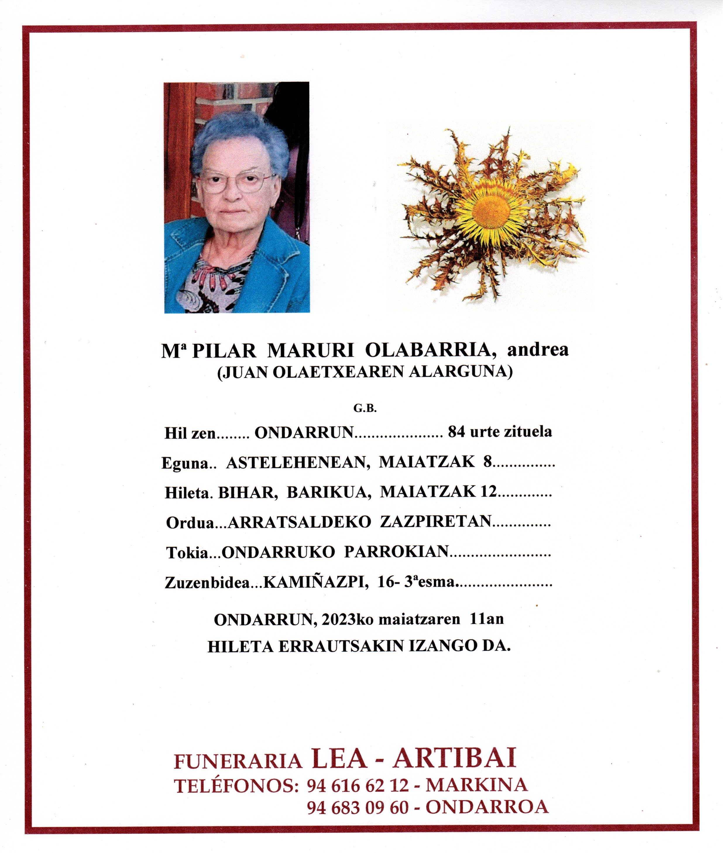 Esquela de Mª Pilar Maruri Olabarria