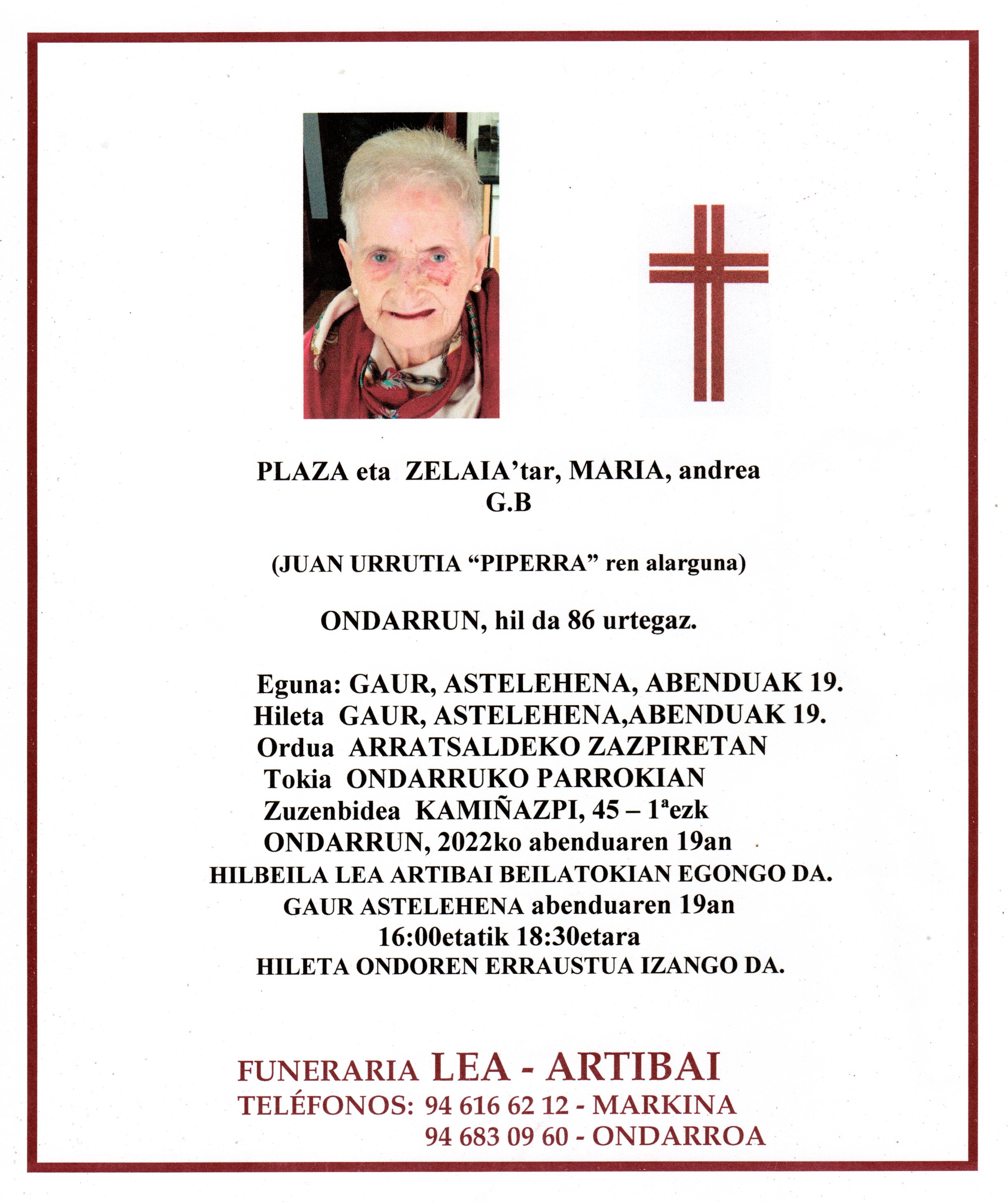 Esquela de Maria Plaza Zelaia