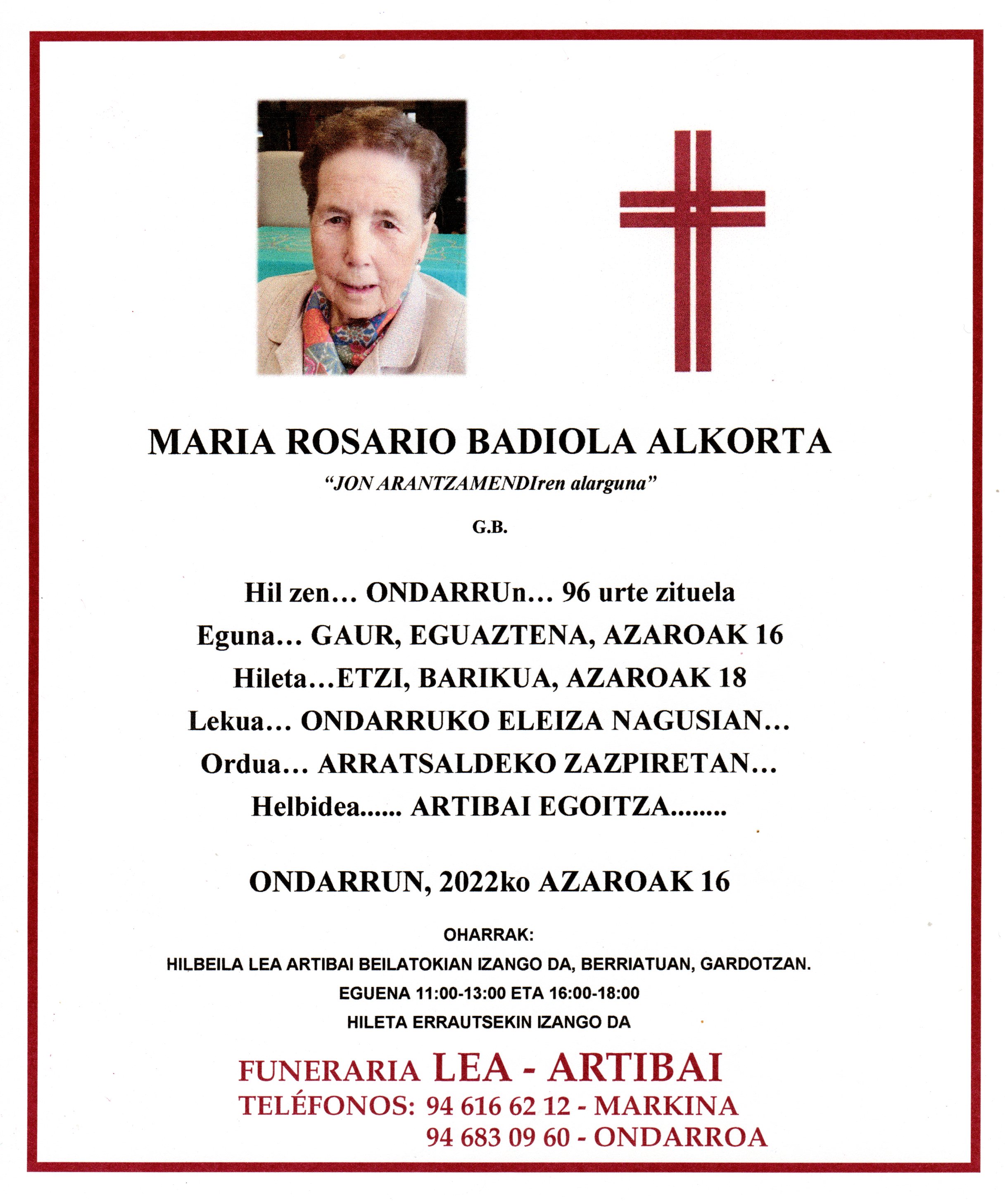 Esquela de Maria Rosario Badiola Alkorta