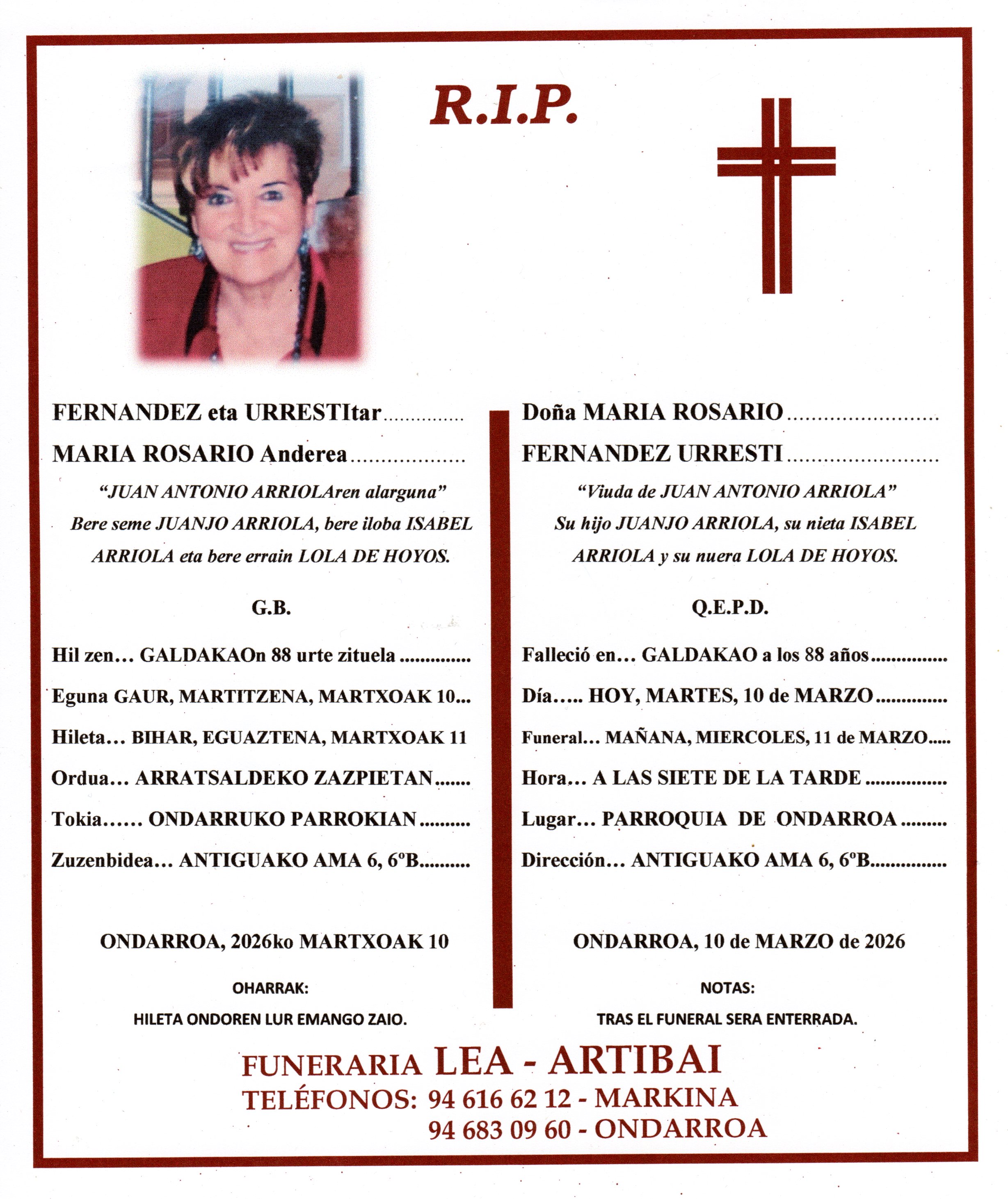 Esquela de Mª Rosario Fernandez Urresti