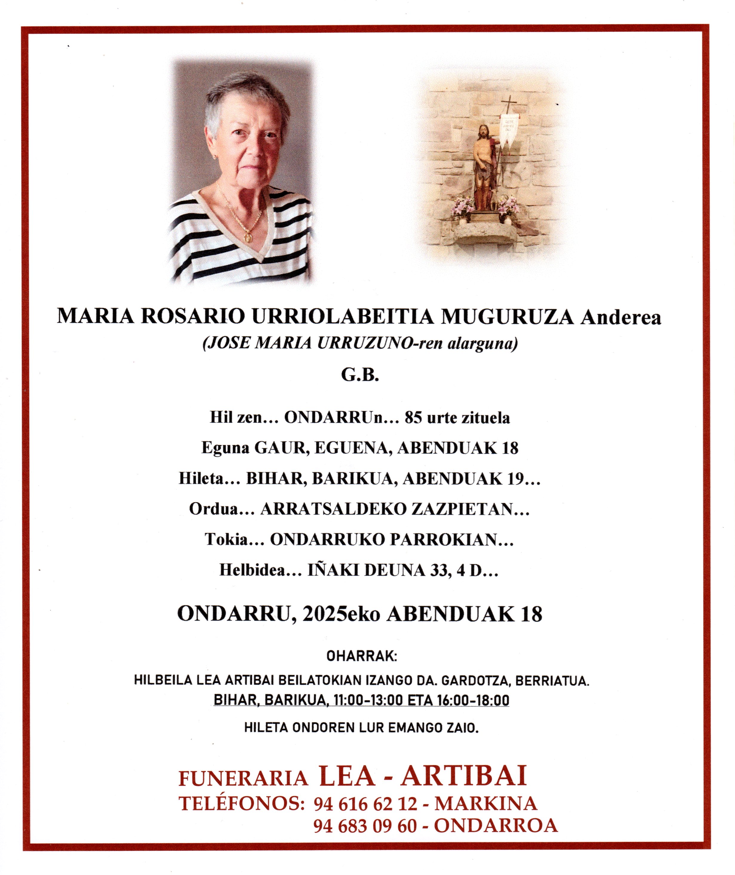 Esquela de Maria Rosario Urriolabeitia Muguruza