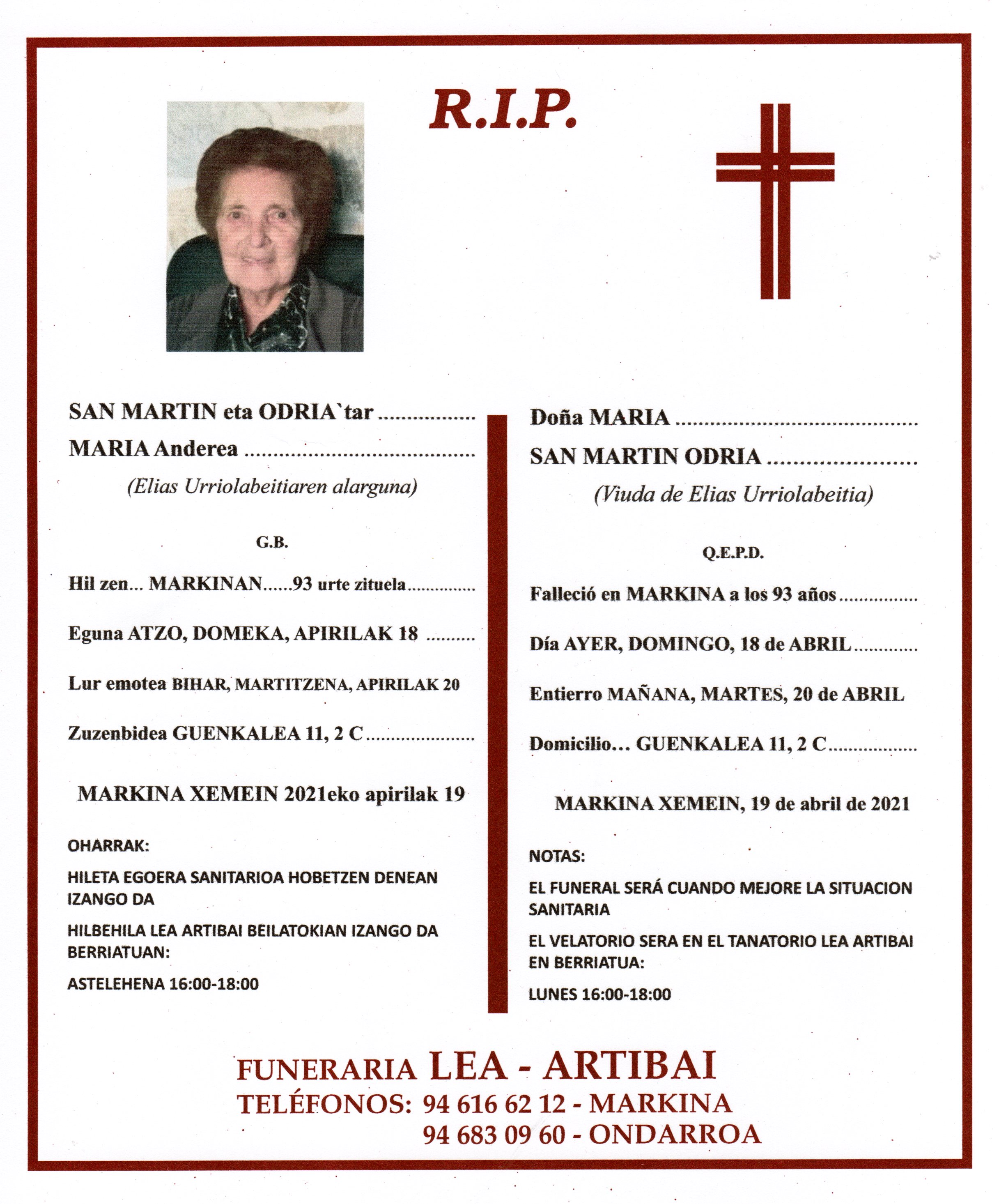 Esquela de Maria San Martin Odria