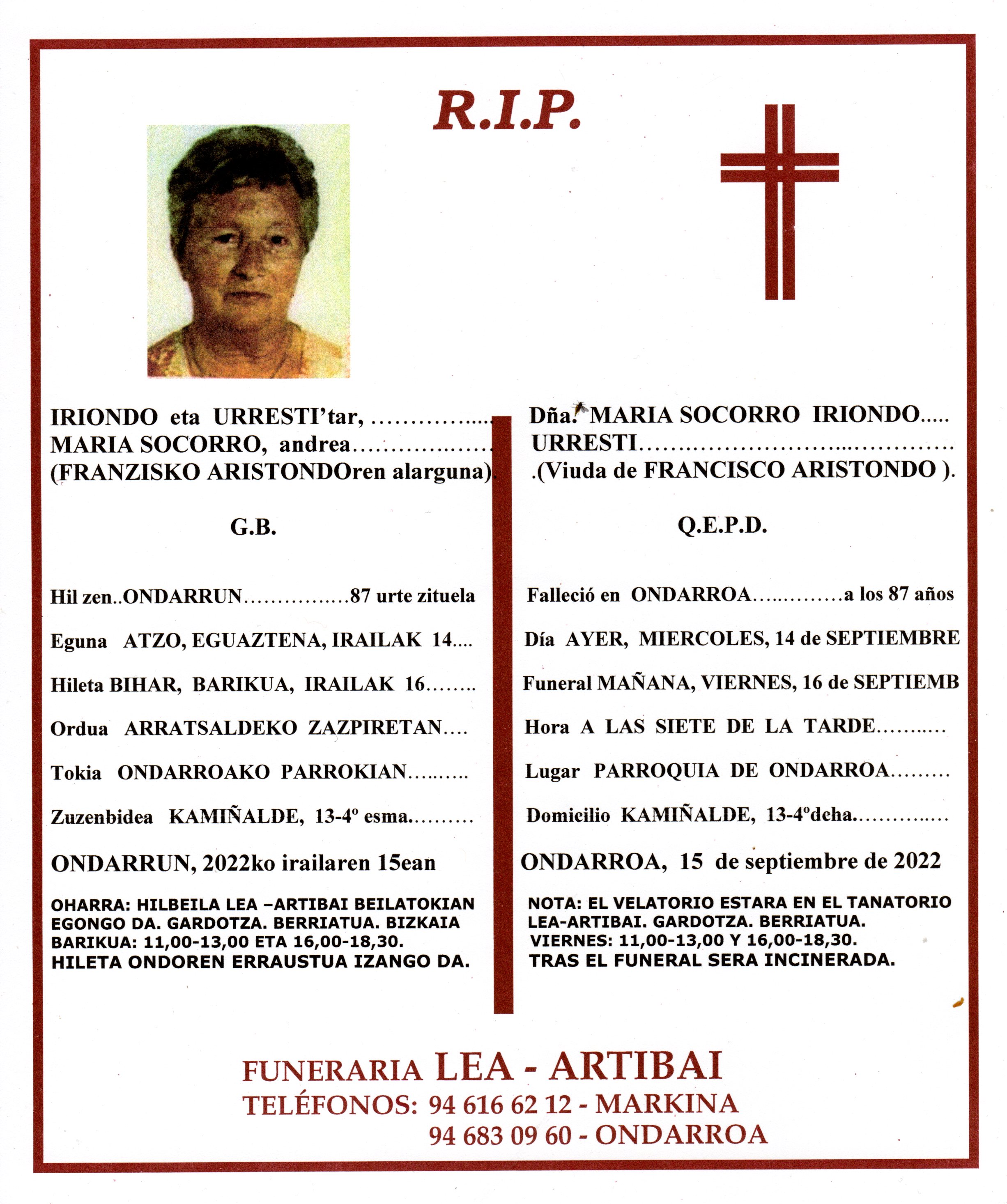 Esquela de Maria Socorro Iriondo Urresti