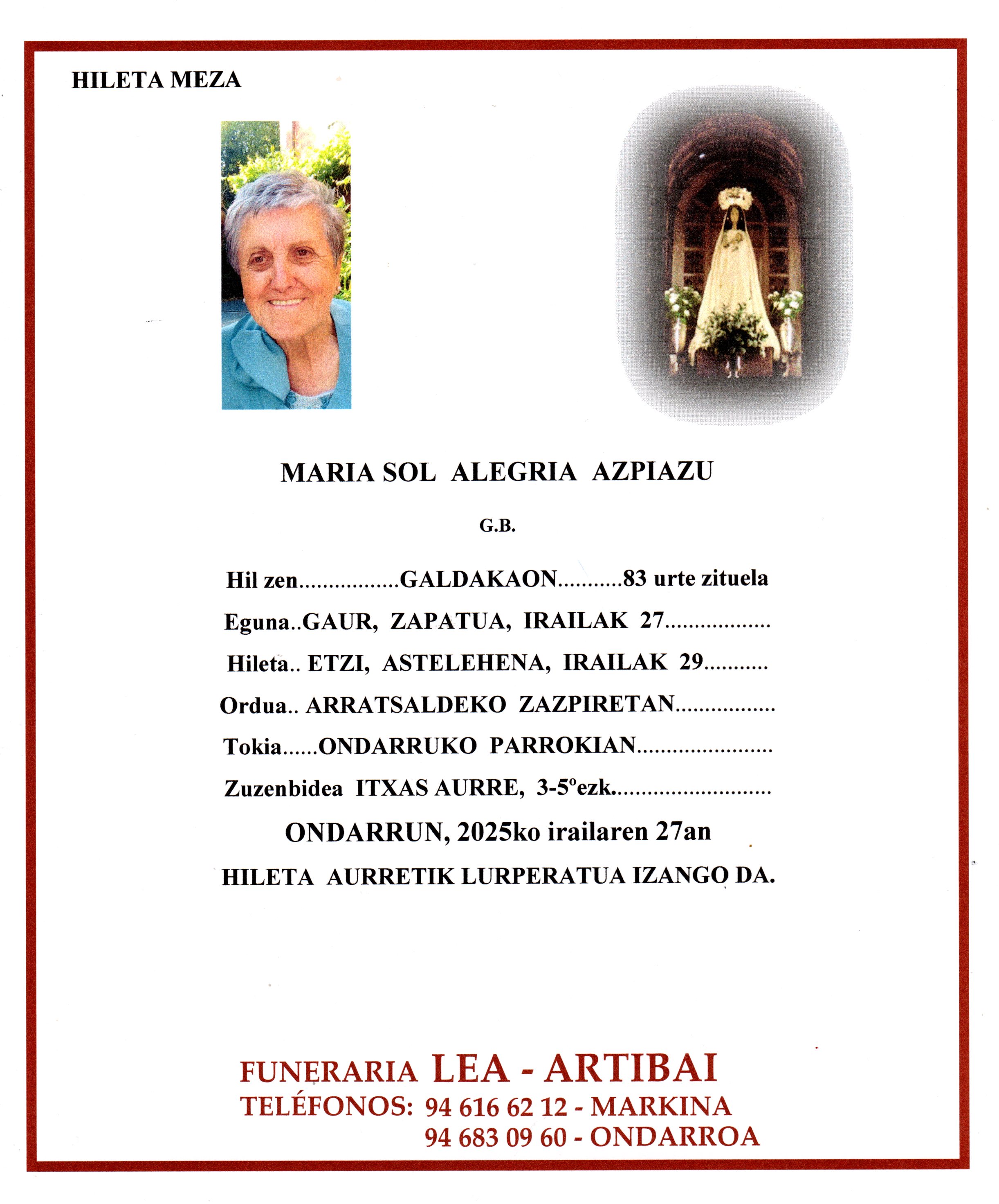 Esquela de Maria Sol Alegria Azpiazu