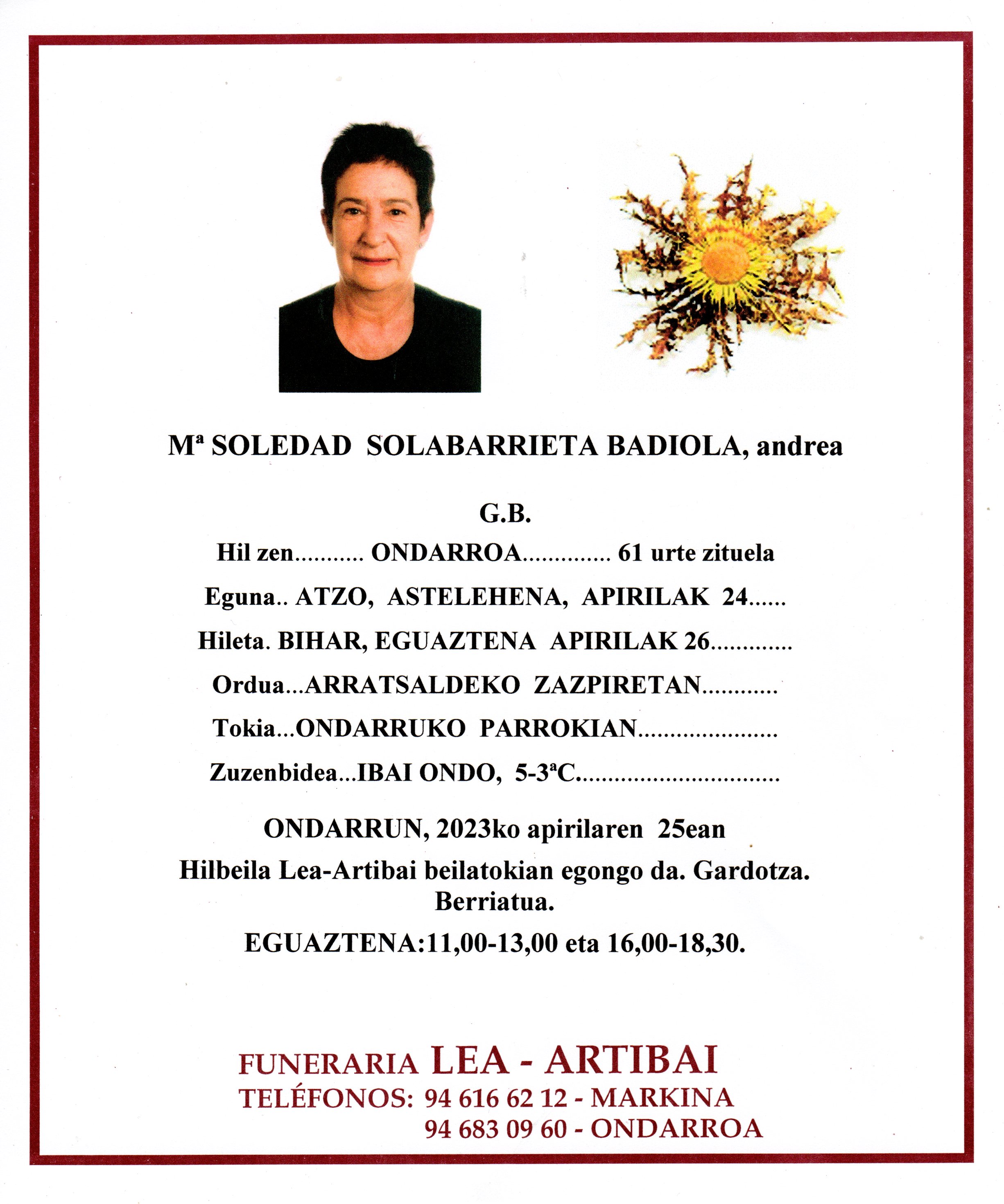 Esquela de Mª Soledad Solabarrieta Badiola