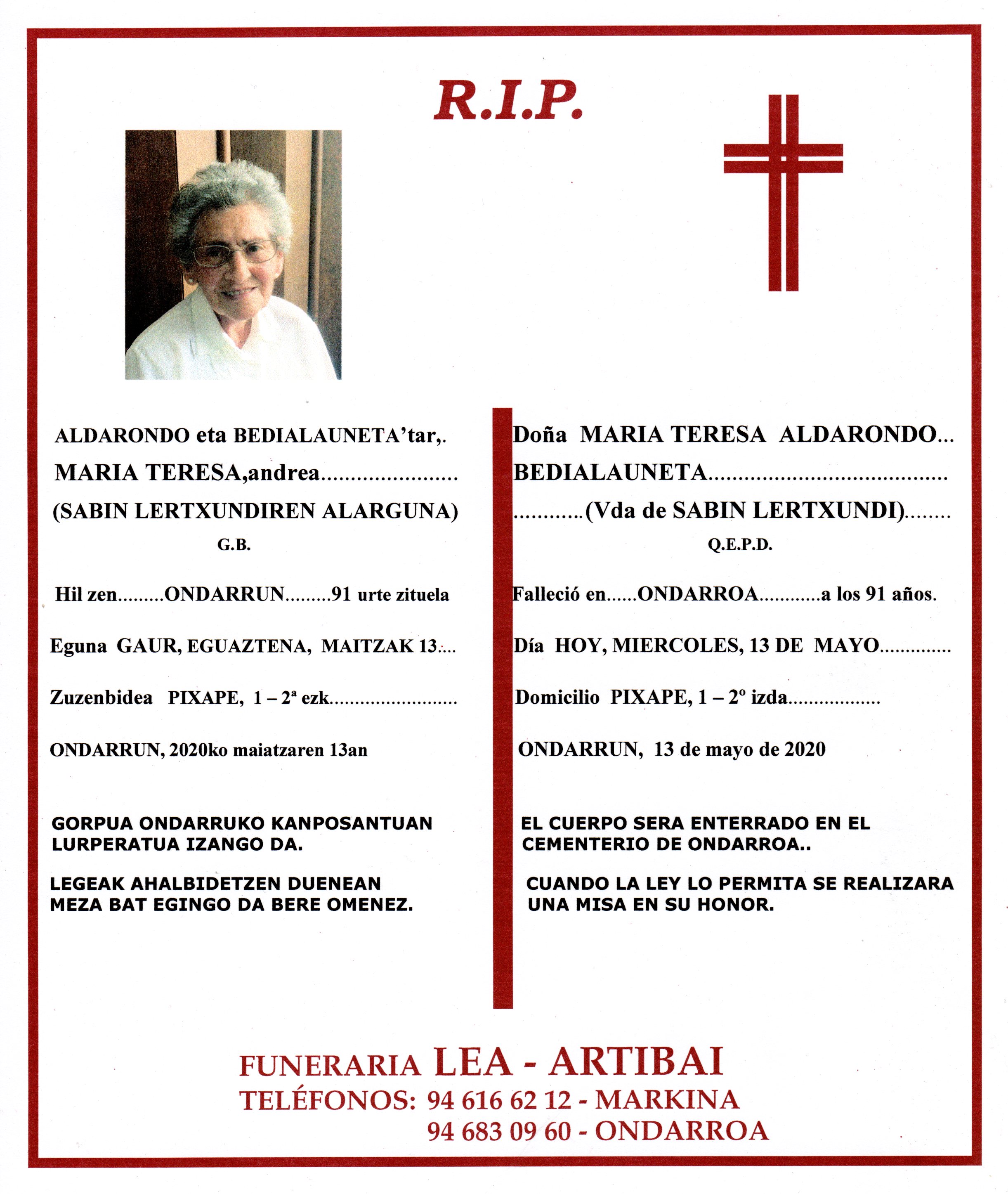 Esquela de Maria Teresa Aldarondo Bedialauneta