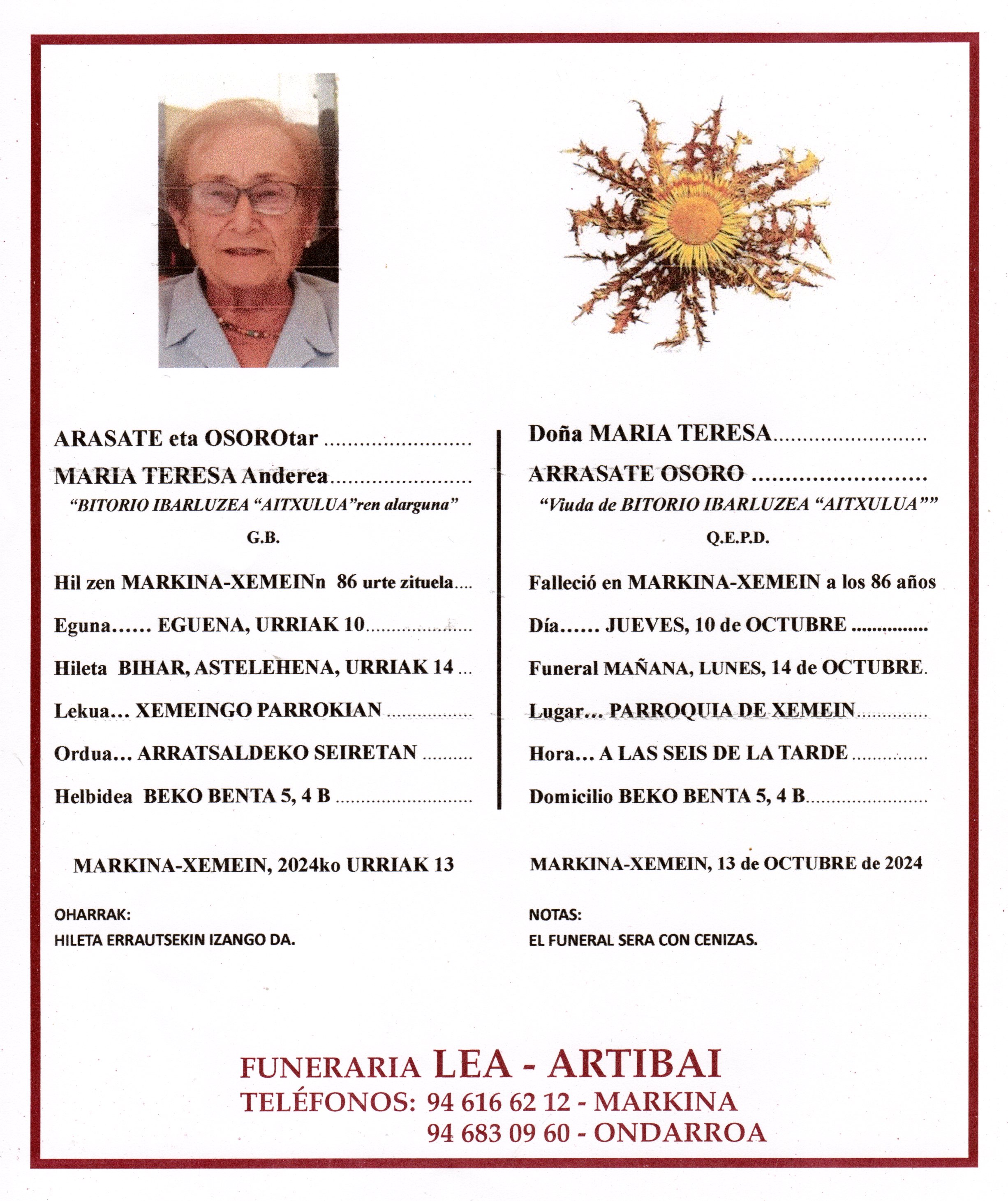 Esquela de Maria Teresa Arrasate Osoro