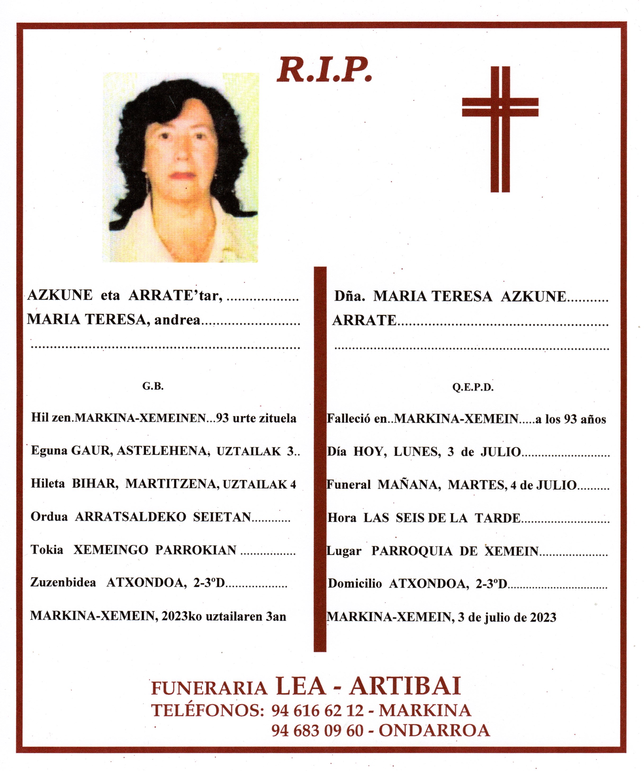 Esquela de Maria Teresa Azkune Arrate