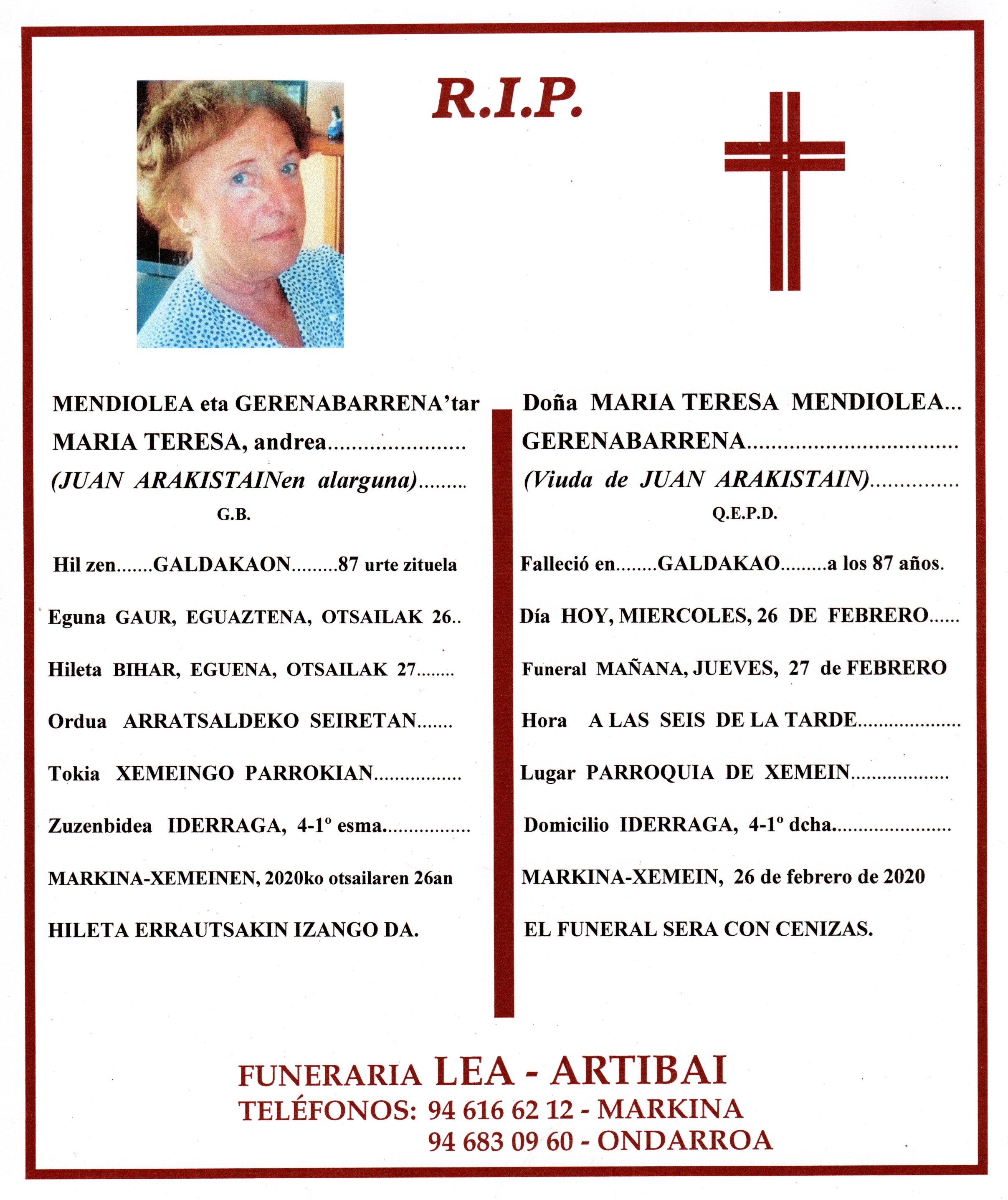 Esquela de Maria Teresa Mendiolea Gerenabarrena