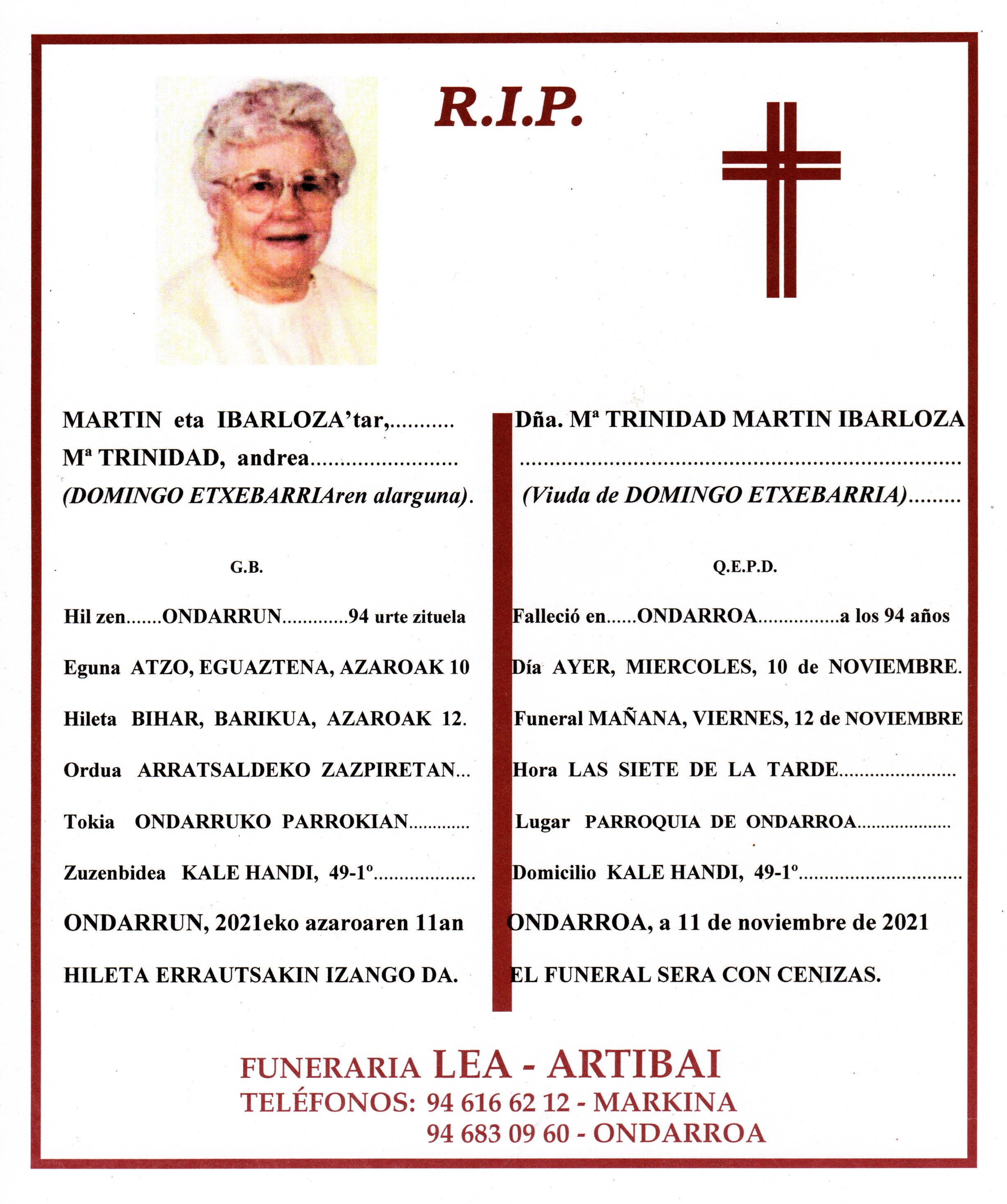 Esquela de Mª Trinidad Martin Ibarloza
