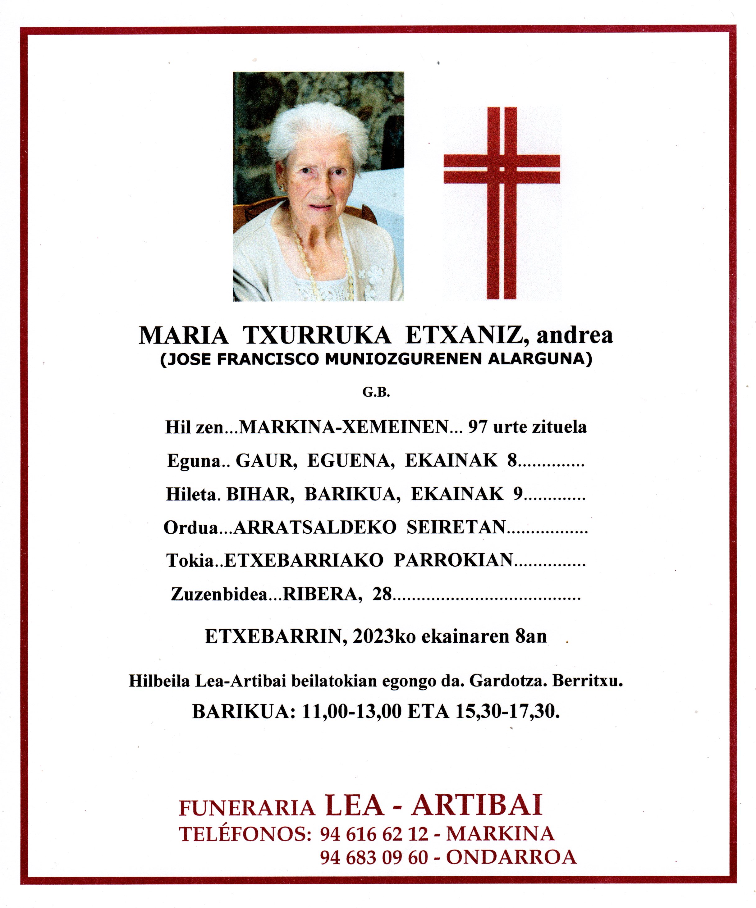 Esquela de Maria Txurruka Etxaniz