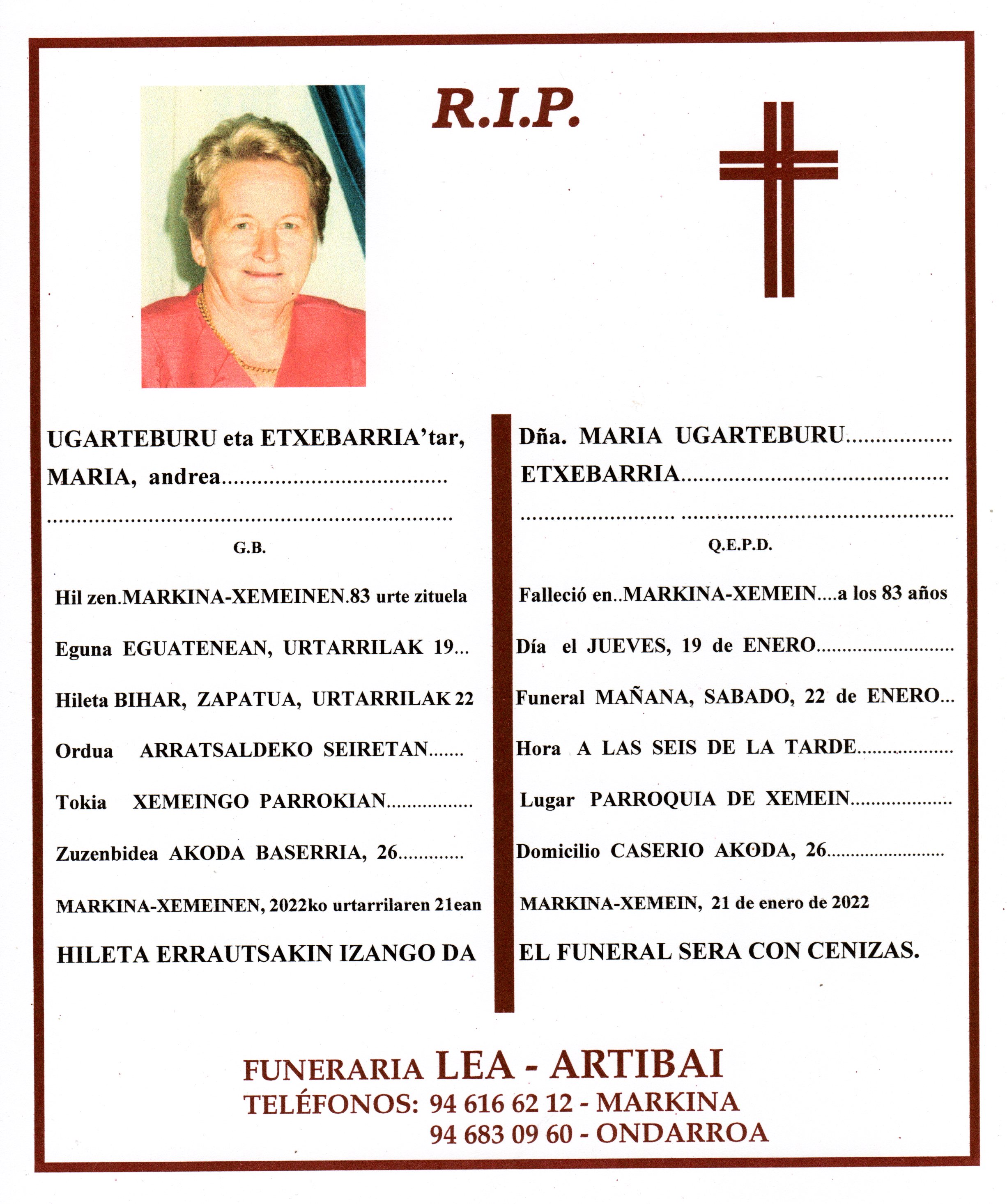 Esquela de Maria Ugartetxea Etxebarria