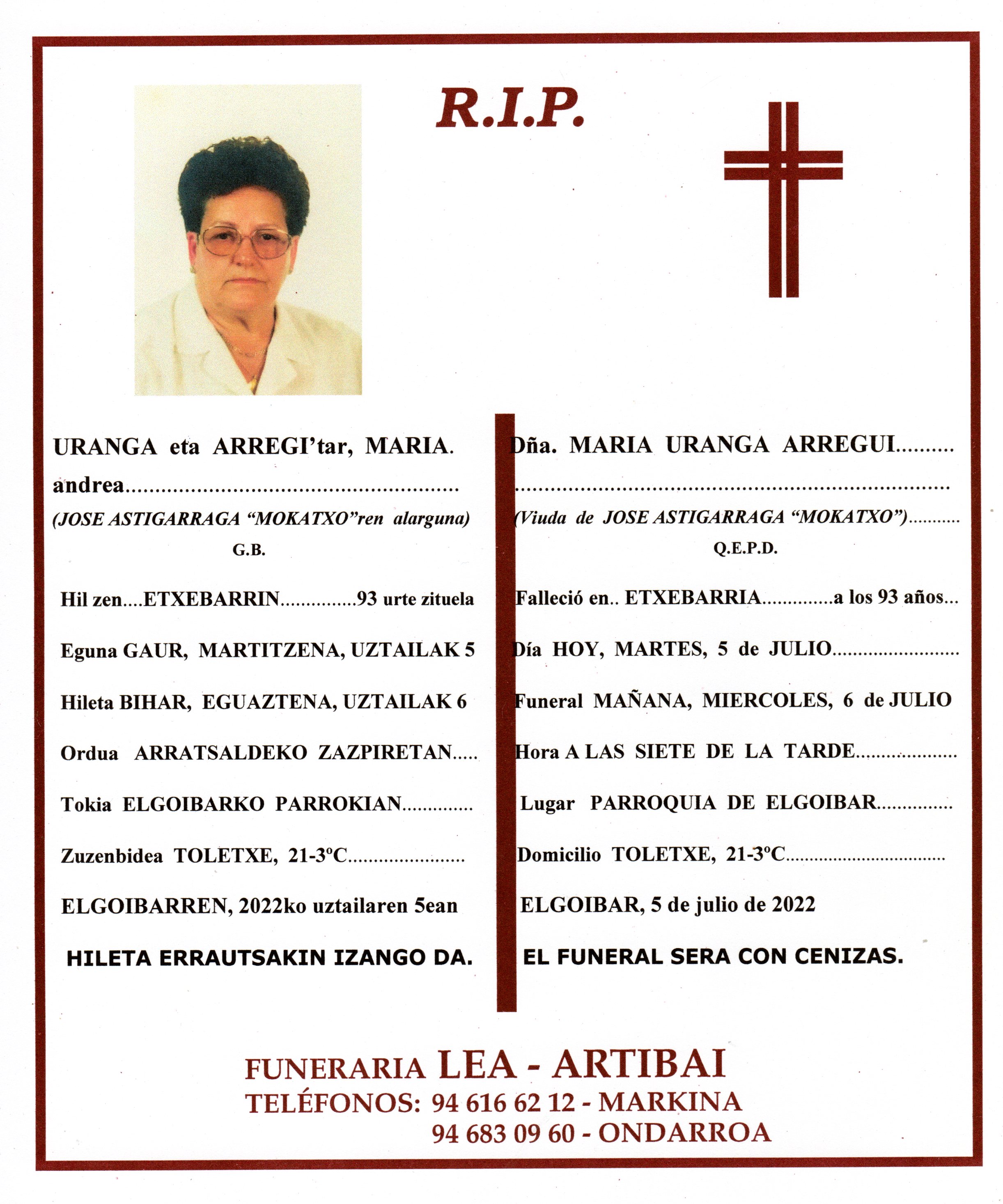 Esquela de Maria Uranga Arregui