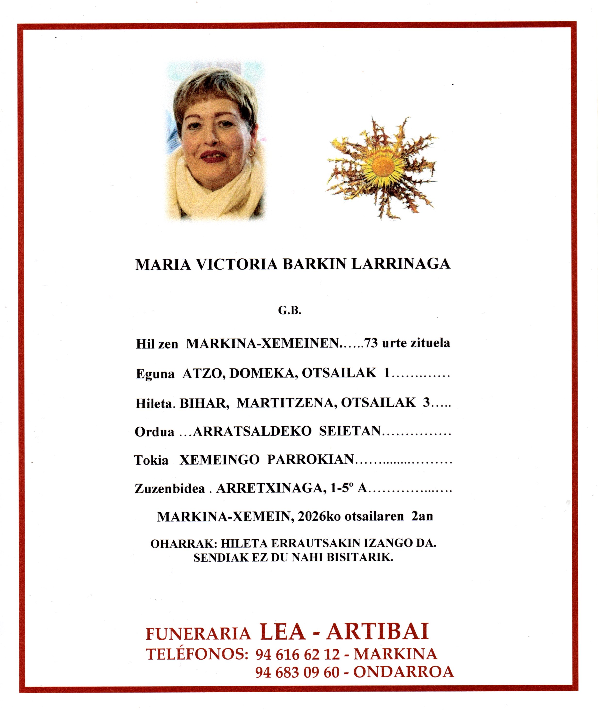 Esquela de Maria Victoria Barkin Larrinaga