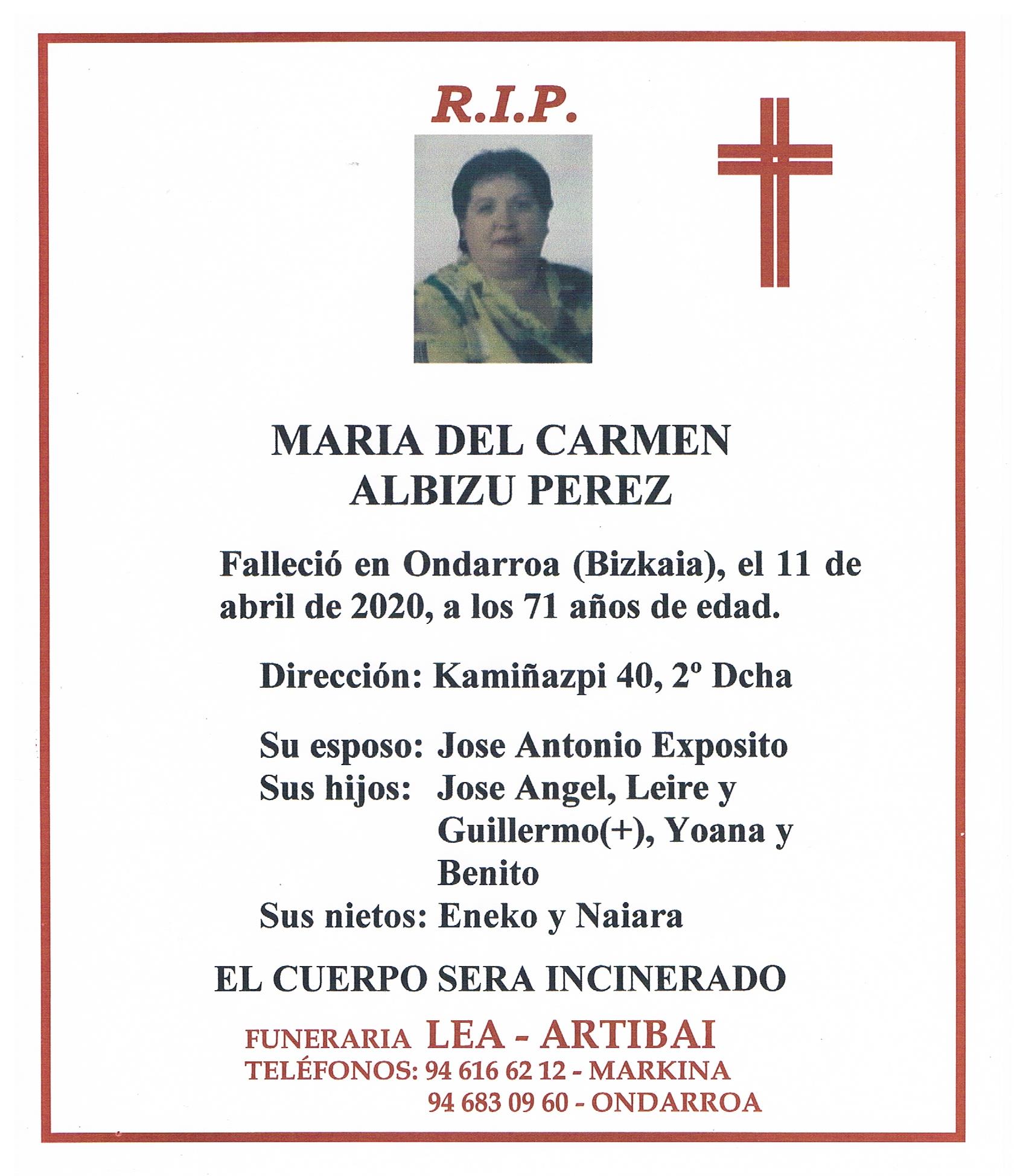Esquela de Maria del Carmen Albizu Perez