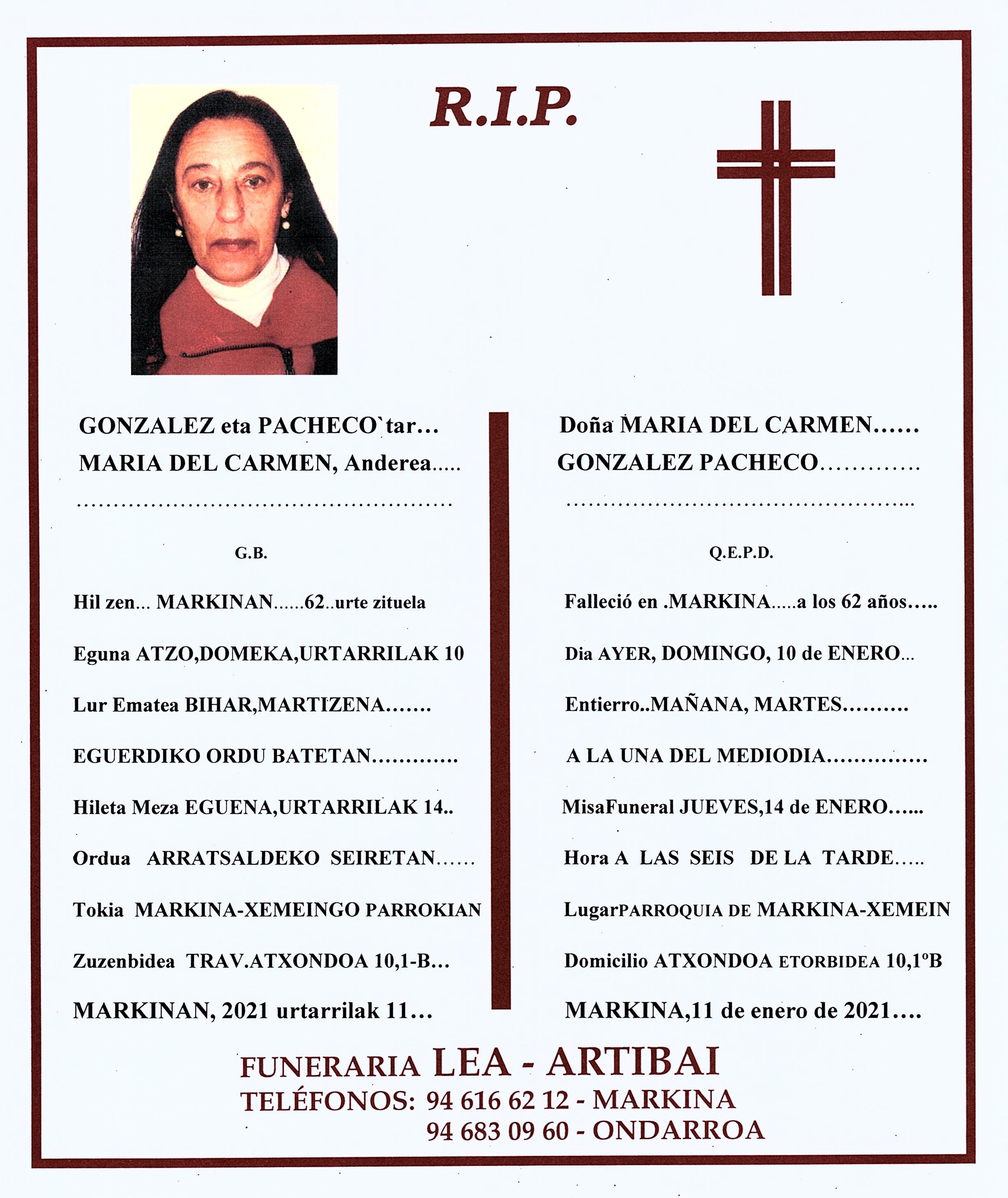 Esquela de Maria del Carmen Gonzalez Pacheco