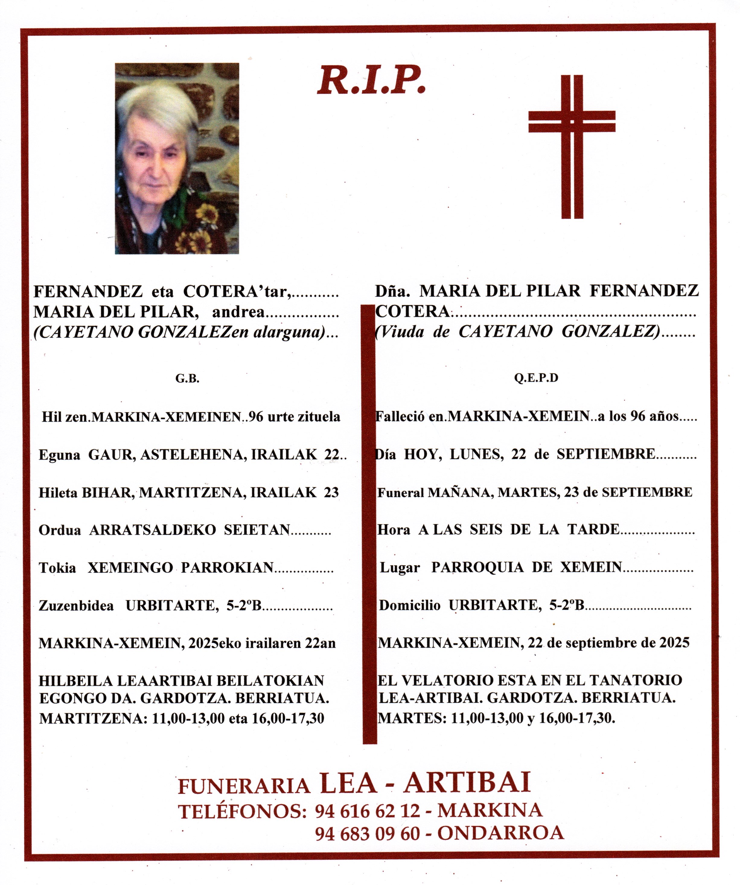 Esquela de Maria del Pilar Fernandez Cotera