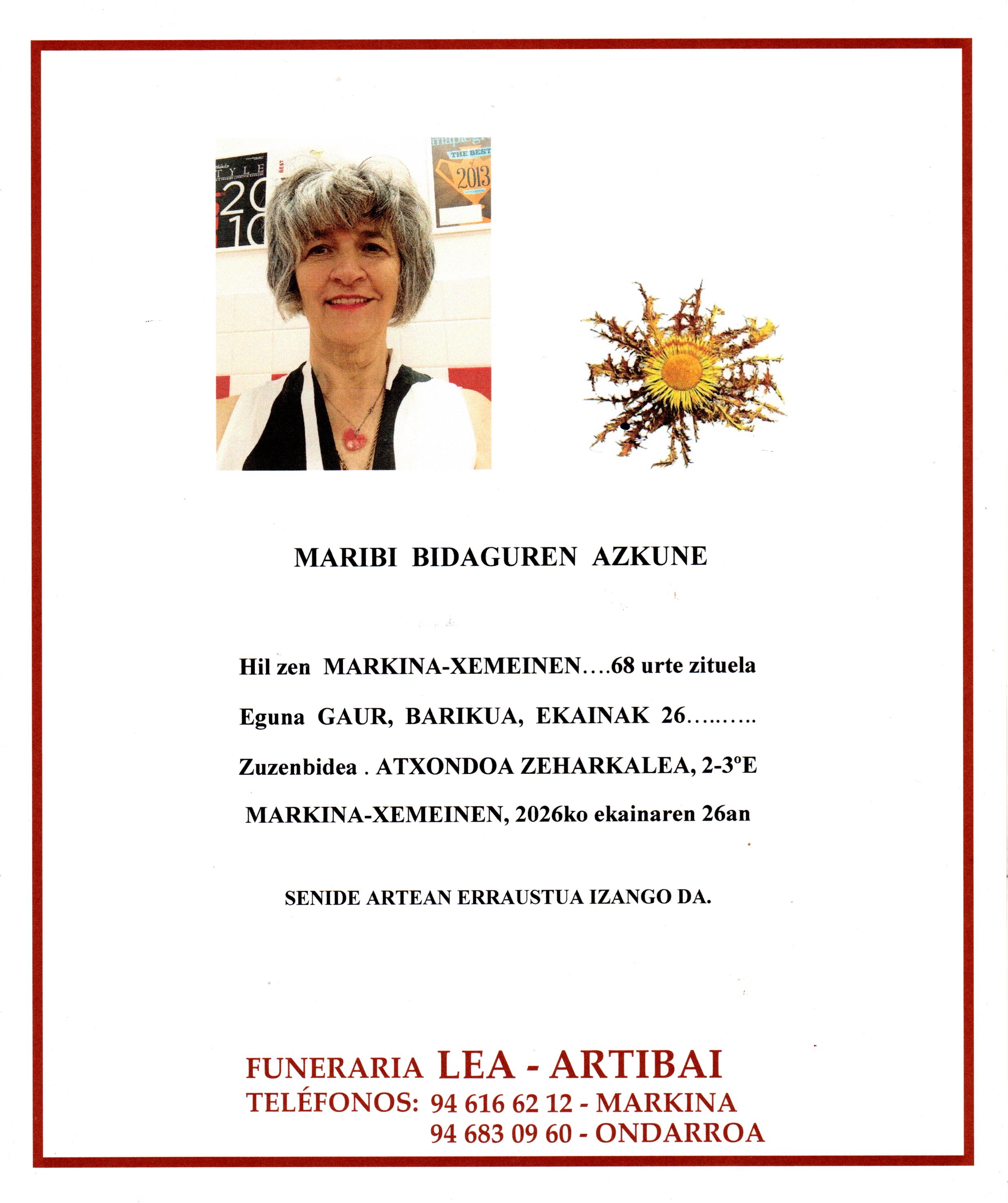 Esquela de Maribi Bidaguren Azkune