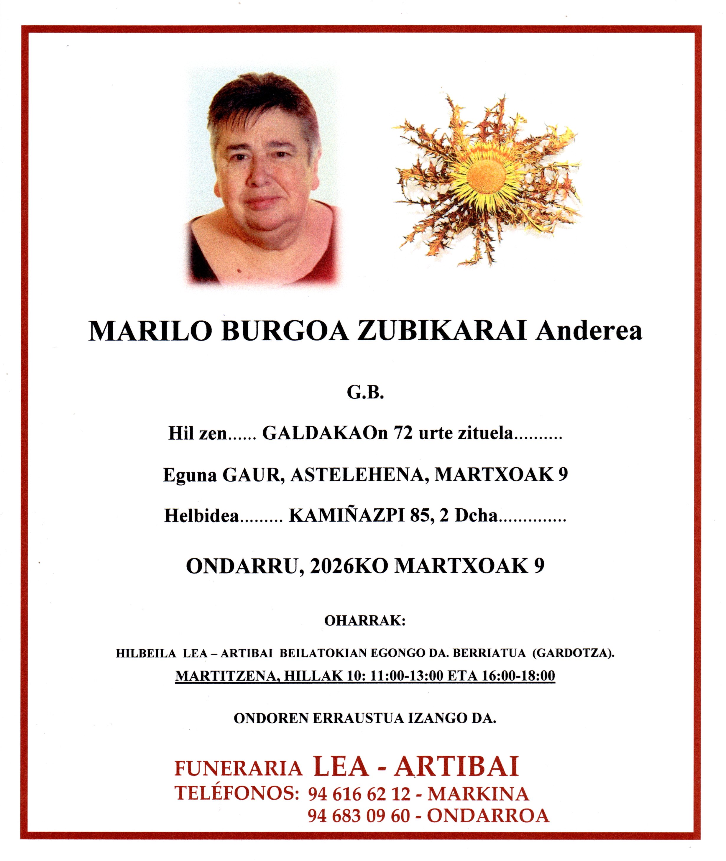 Esquela de Marilo Burgoa Zubikarai