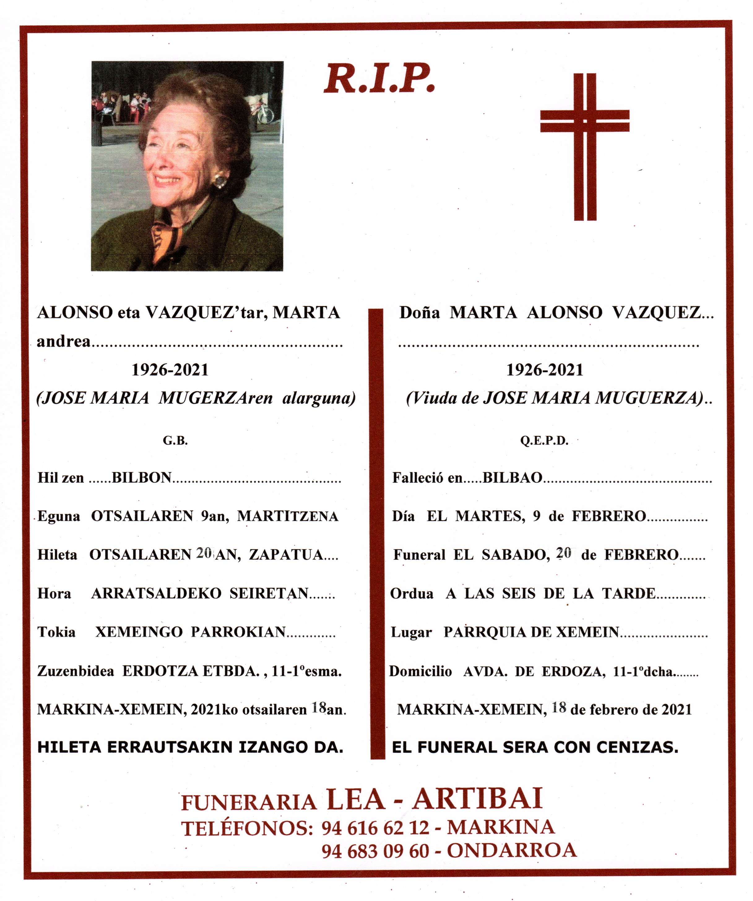 Esquela de Marta Alonso Vazquez