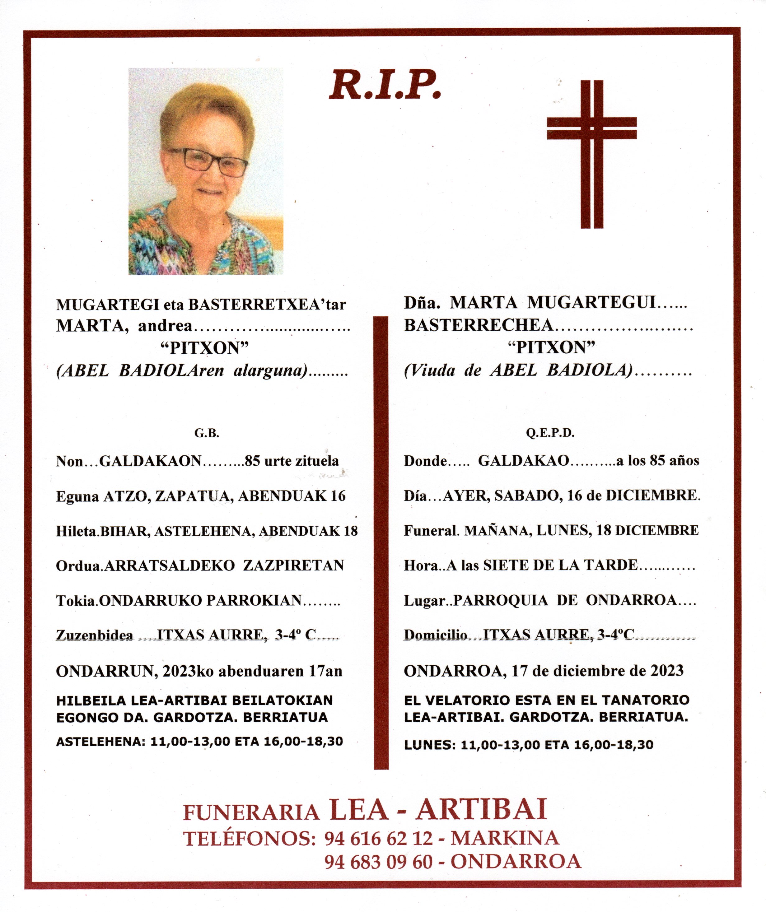 Esquela de Marta Mugartegi Basterretxea