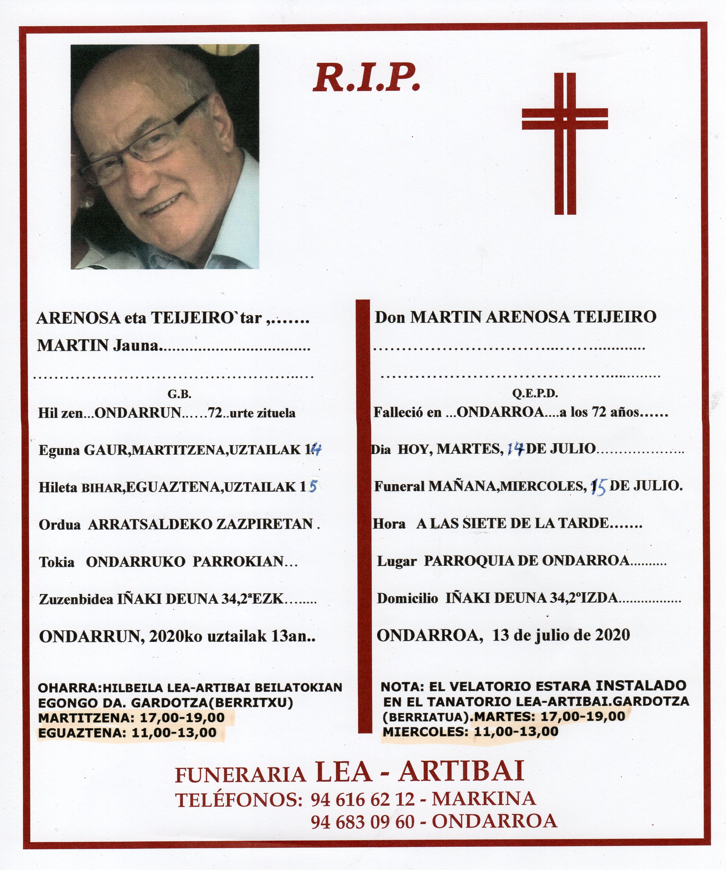 Esquela de Martin Arenosa Teijeiro