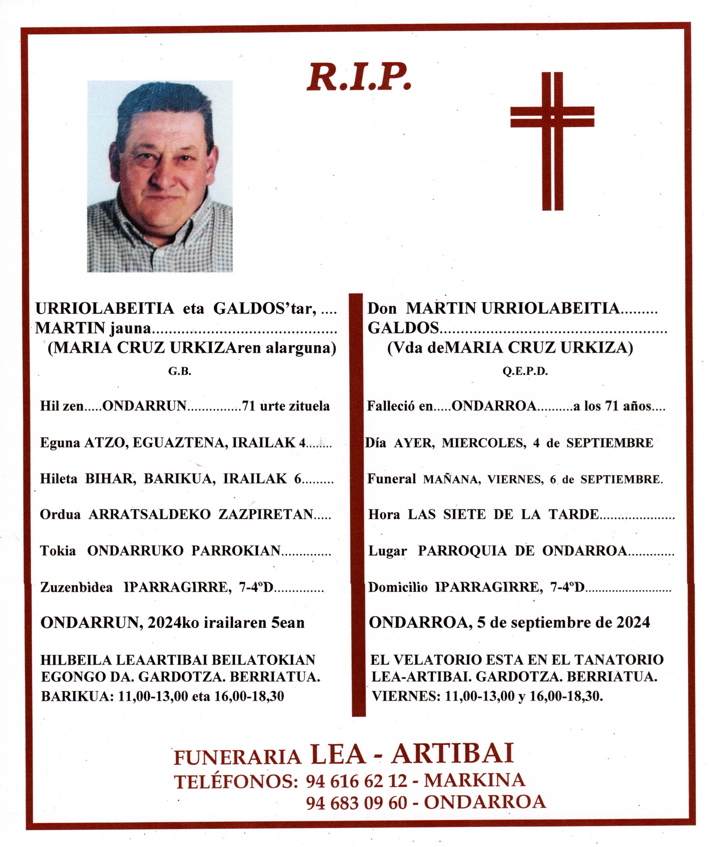 Esquela de Martin Urriolabeitia Galdos