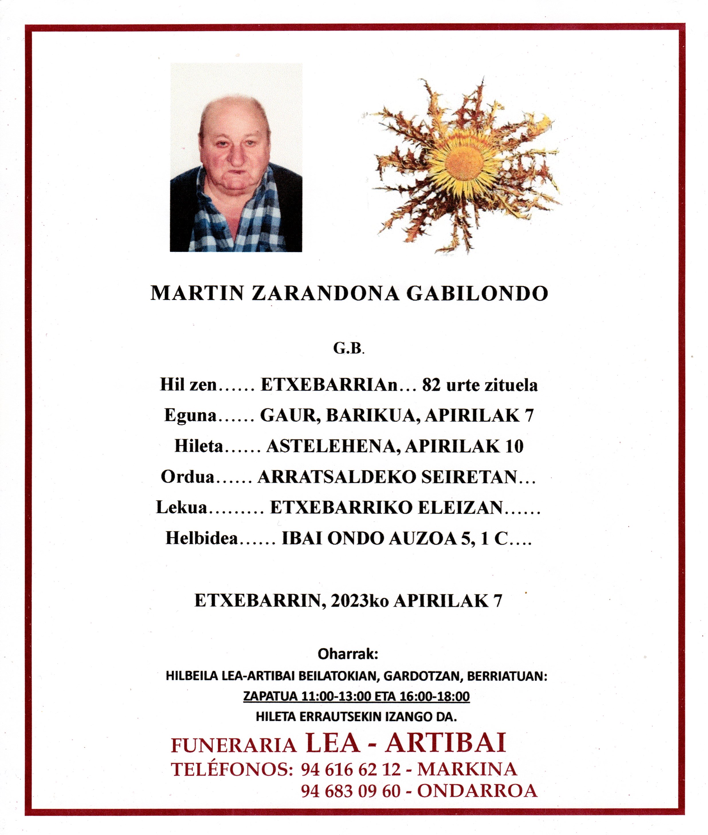 Esquela de Martin Zarandona Gabilondo