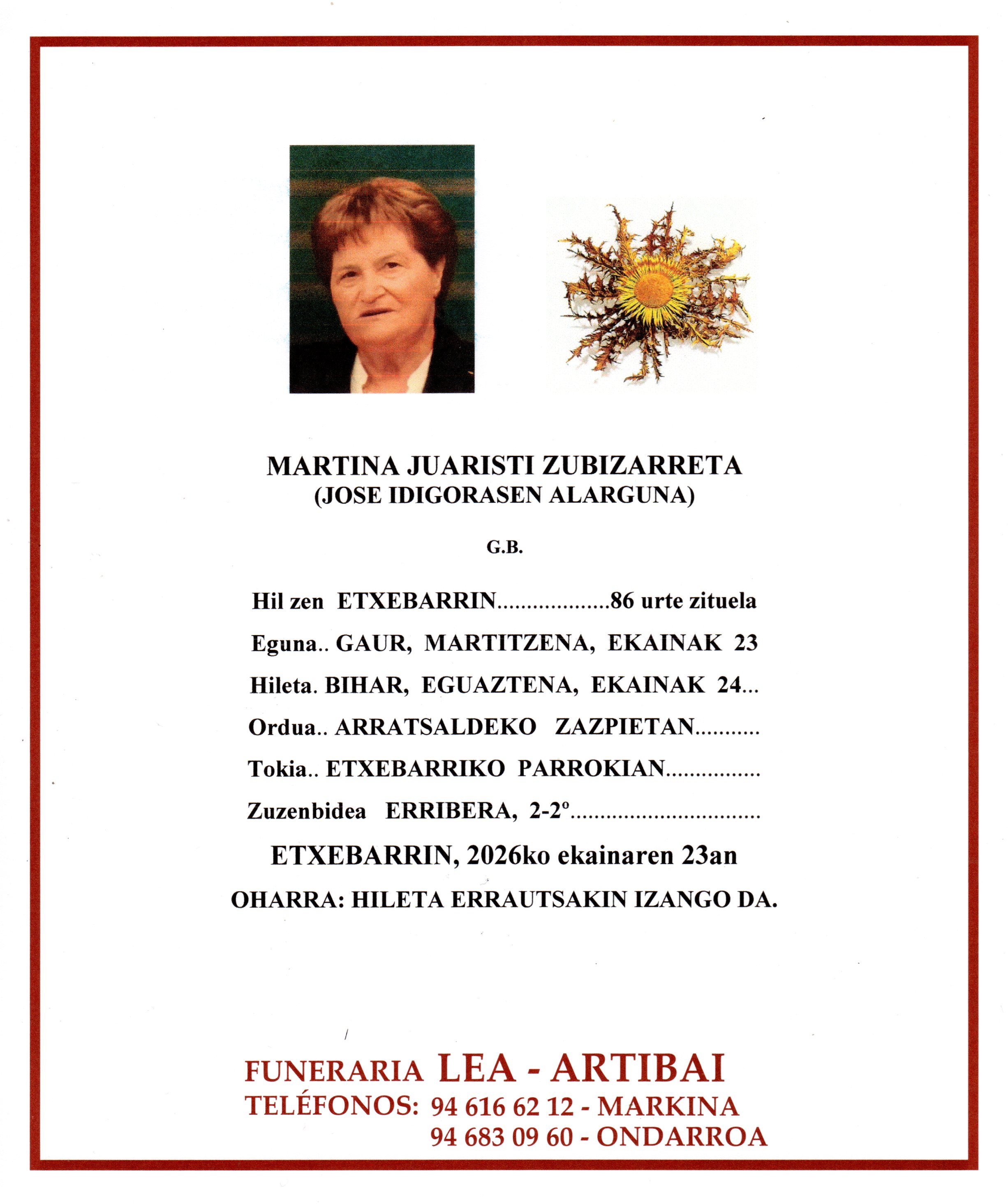 Esquela de Martina Juaristi Zubizarreta