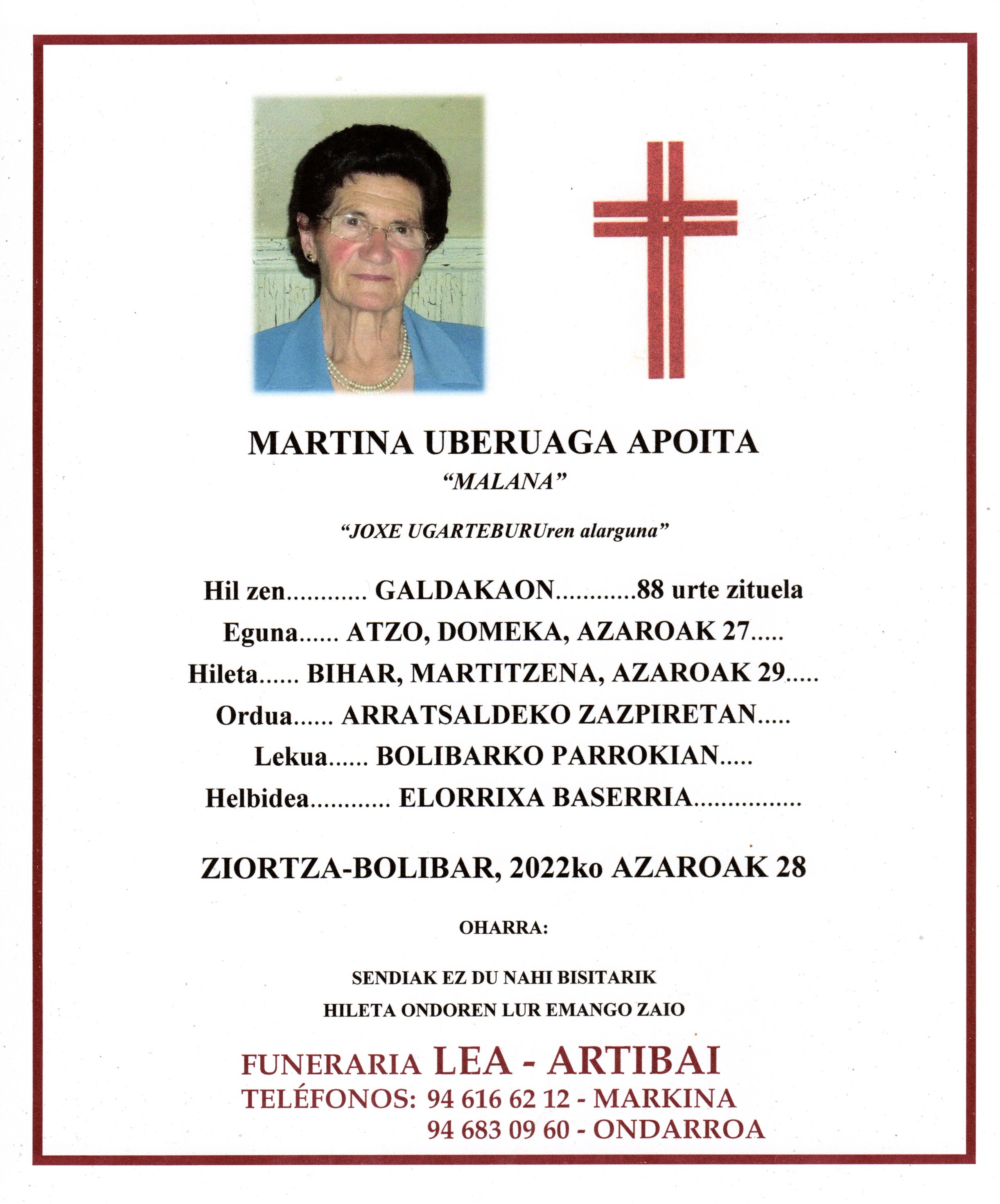 Esquela de Martina Uberuaga Apoita