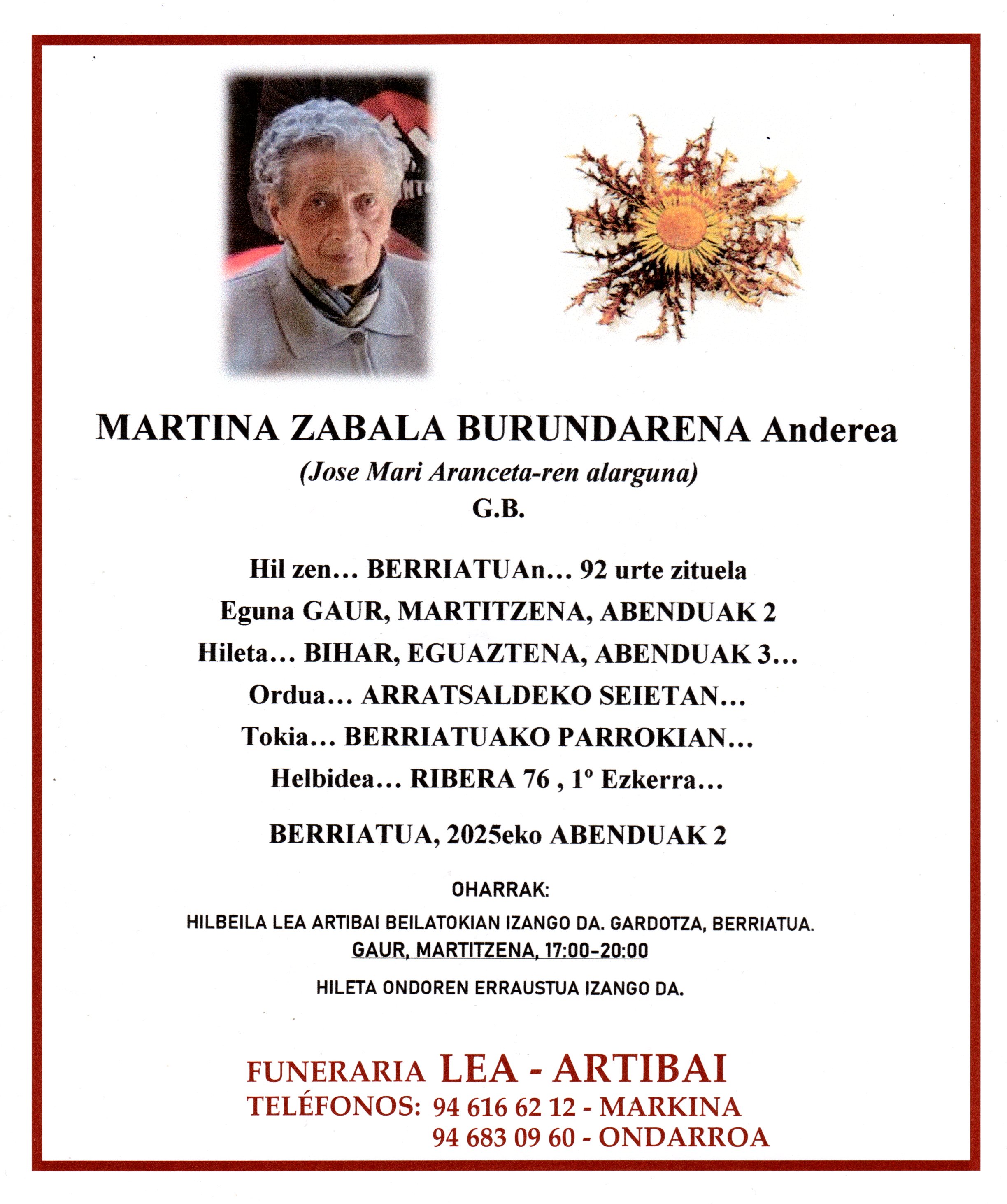 Esquela de Martina Zabala Burundarena