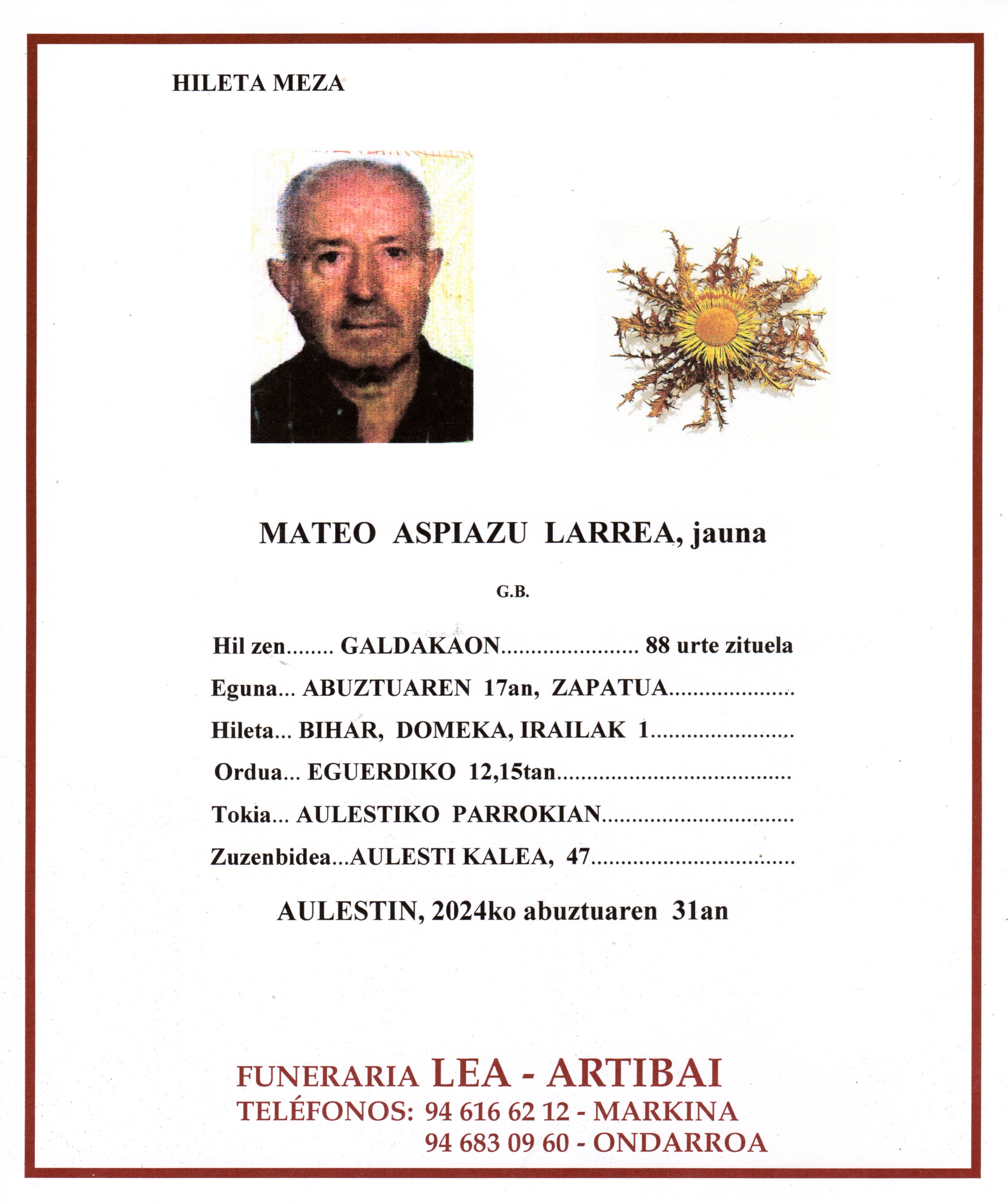 Esquela de Mateo Aspiazu Larrea
