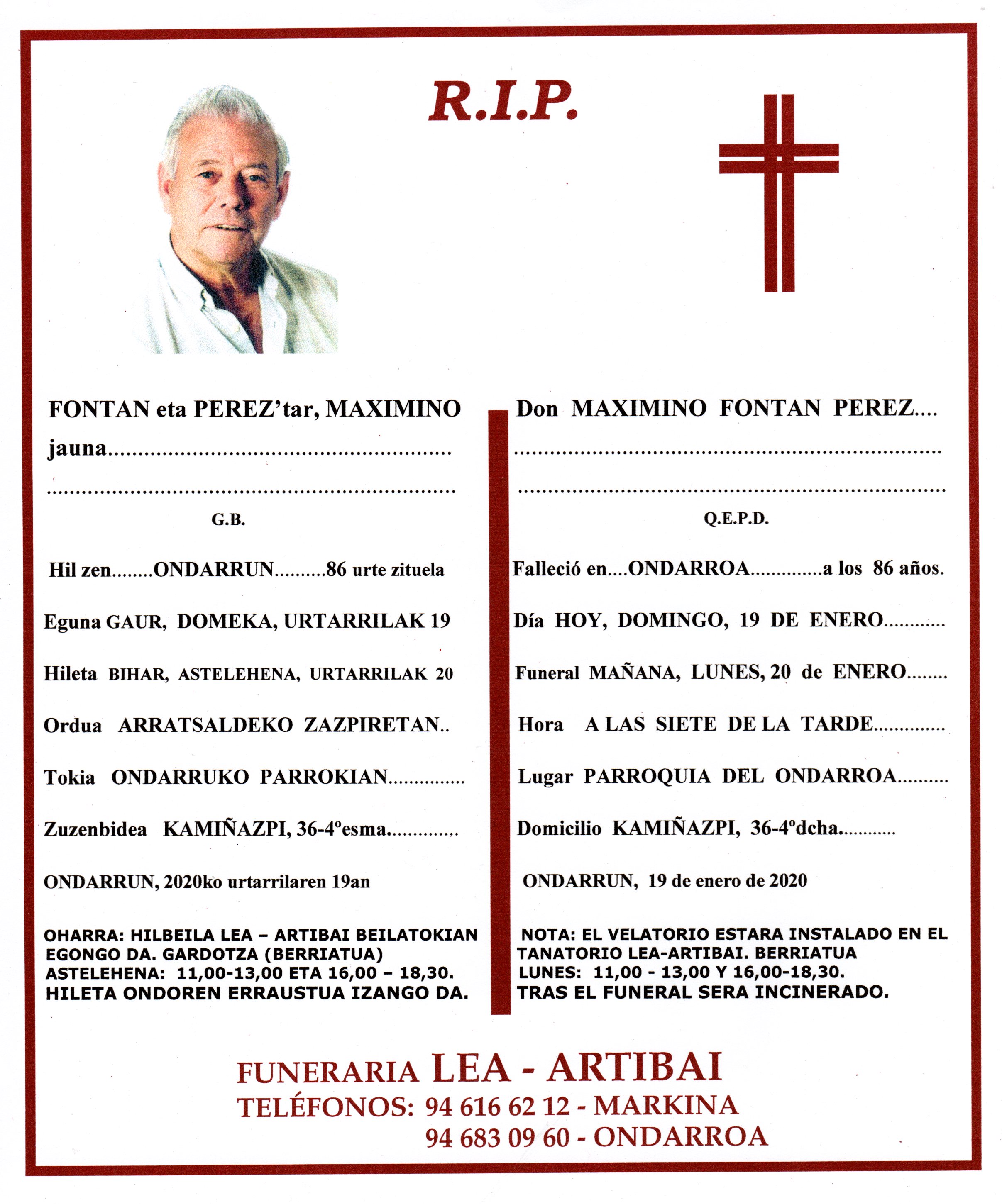 Esquela de Maximino Fontan Perez
