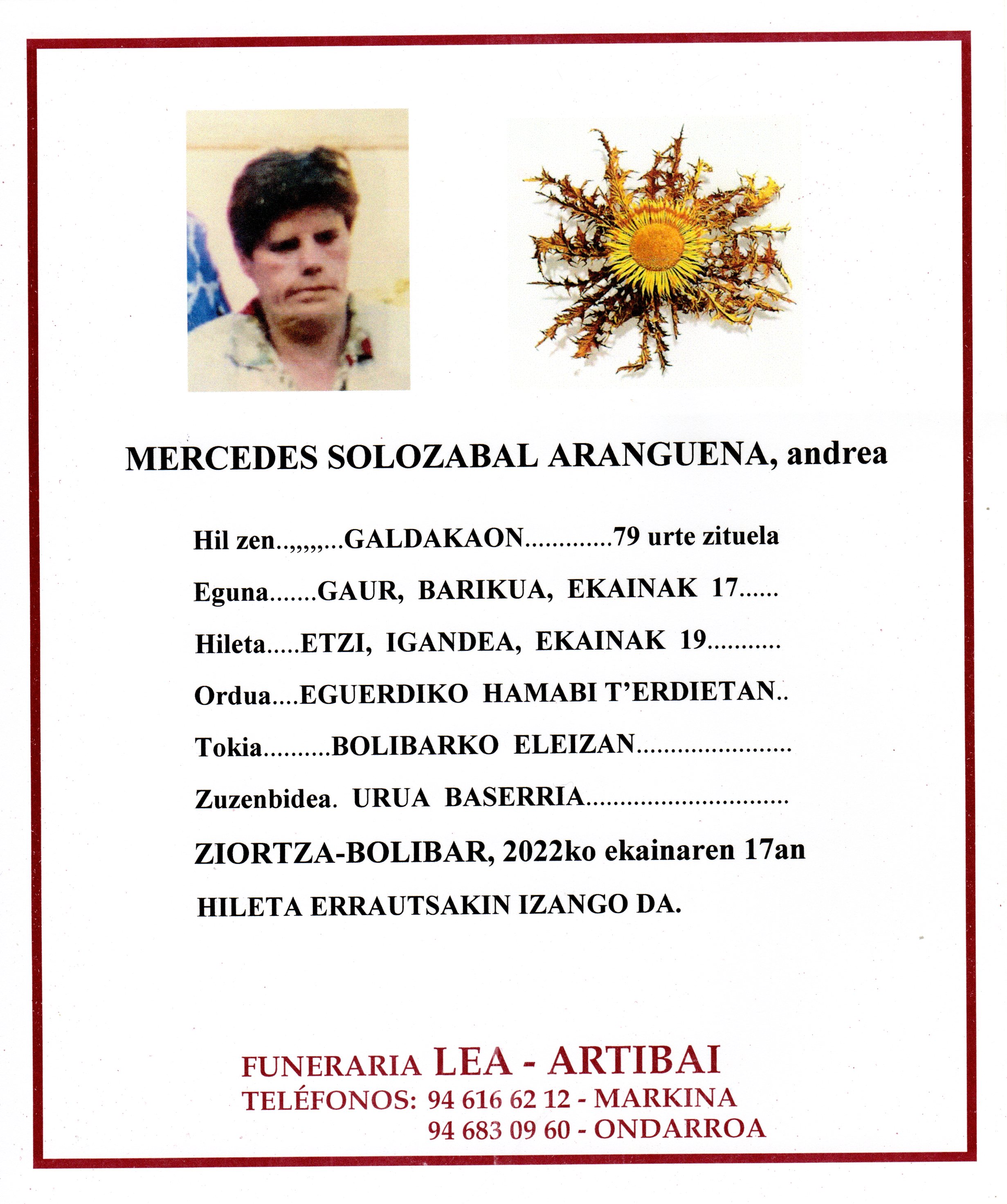 Esquela de Mª Mercedes Solozabal Aranguena