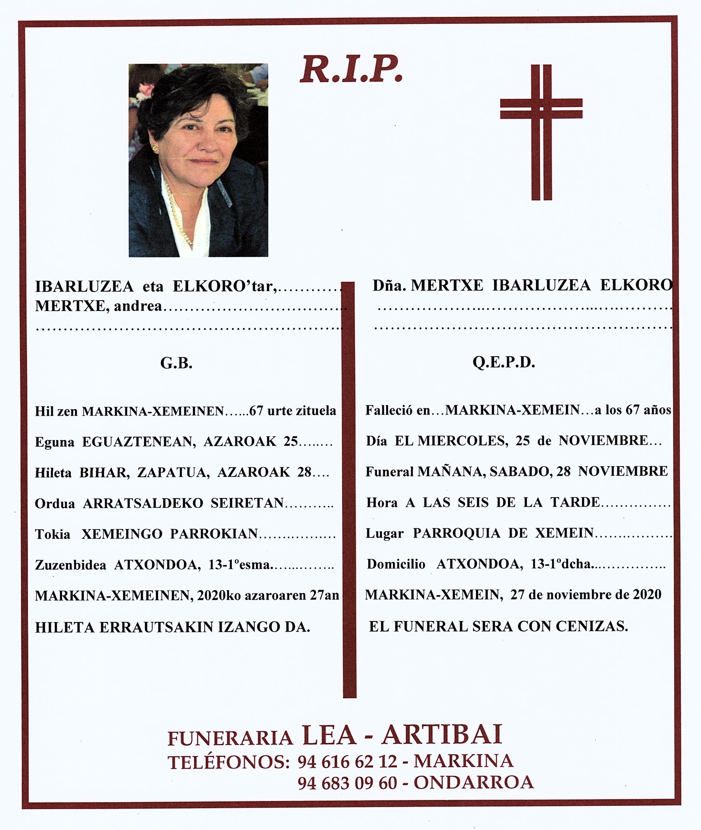 Esquela de Mertxe Ibarluzea Elkoro