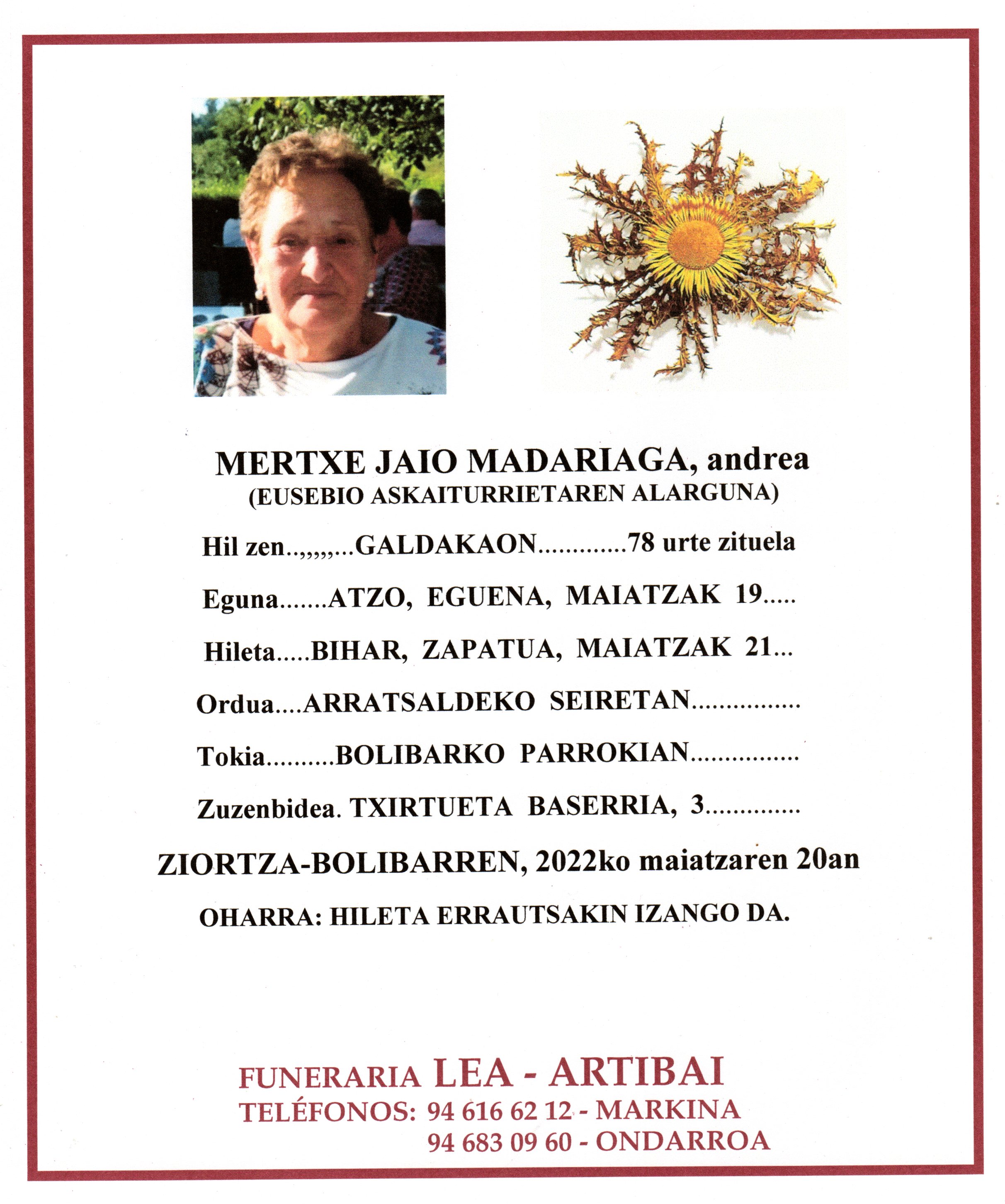 Esquela de Mertxe Jaio Madariaga
