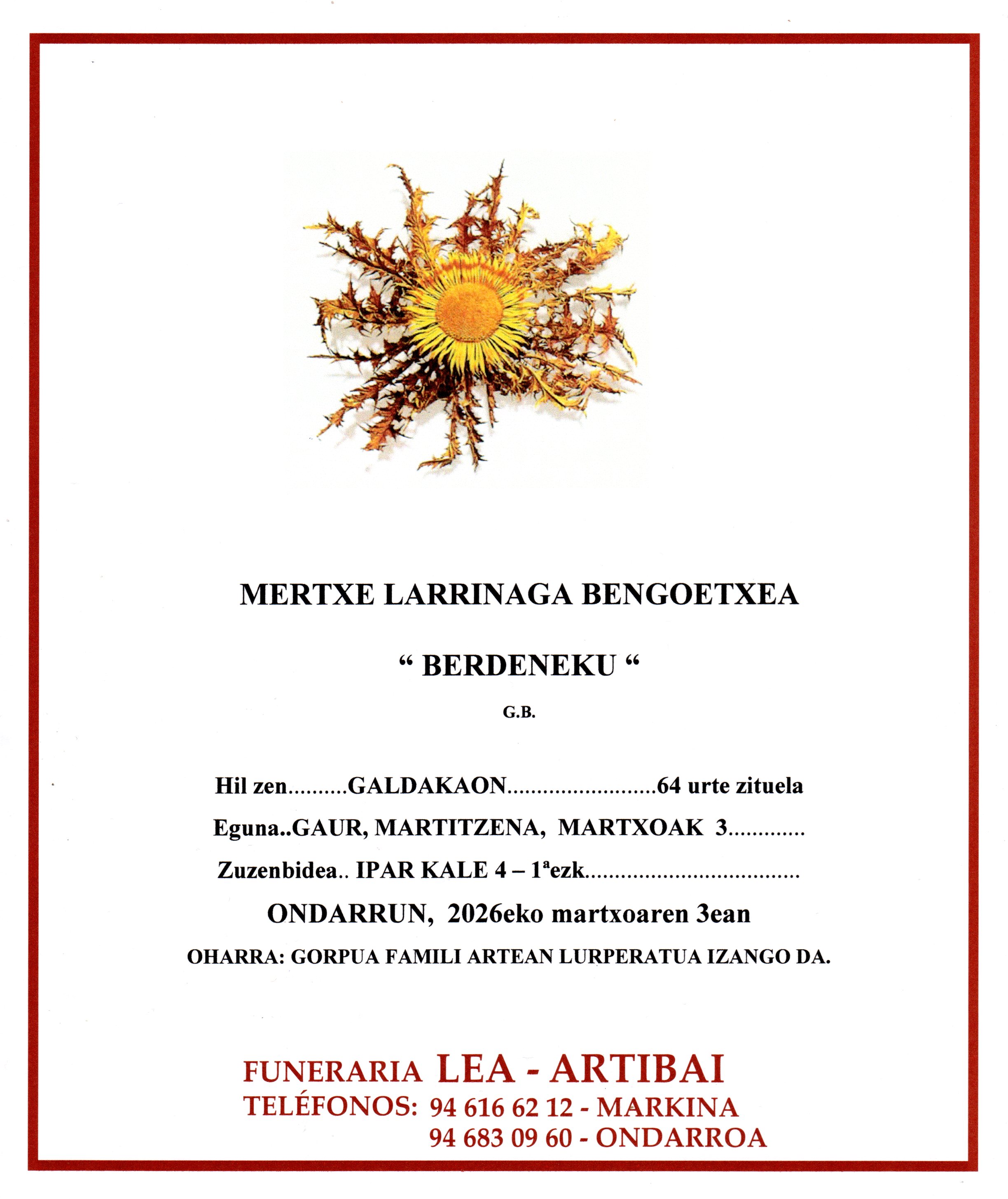Esquela de Mertxe Larrinaga Bengoetxea
