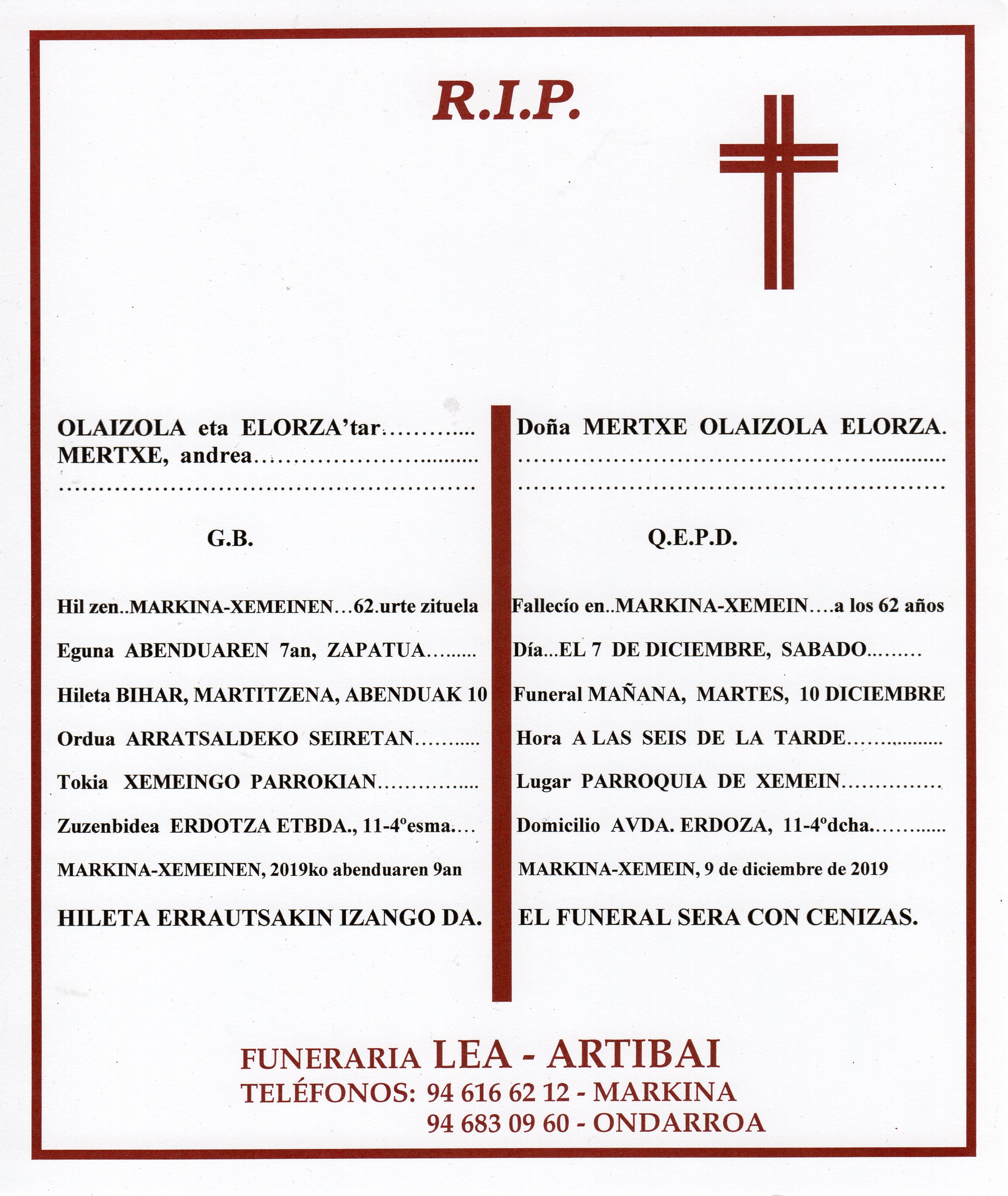 Esquela de Mertxe Olaizola Elorza