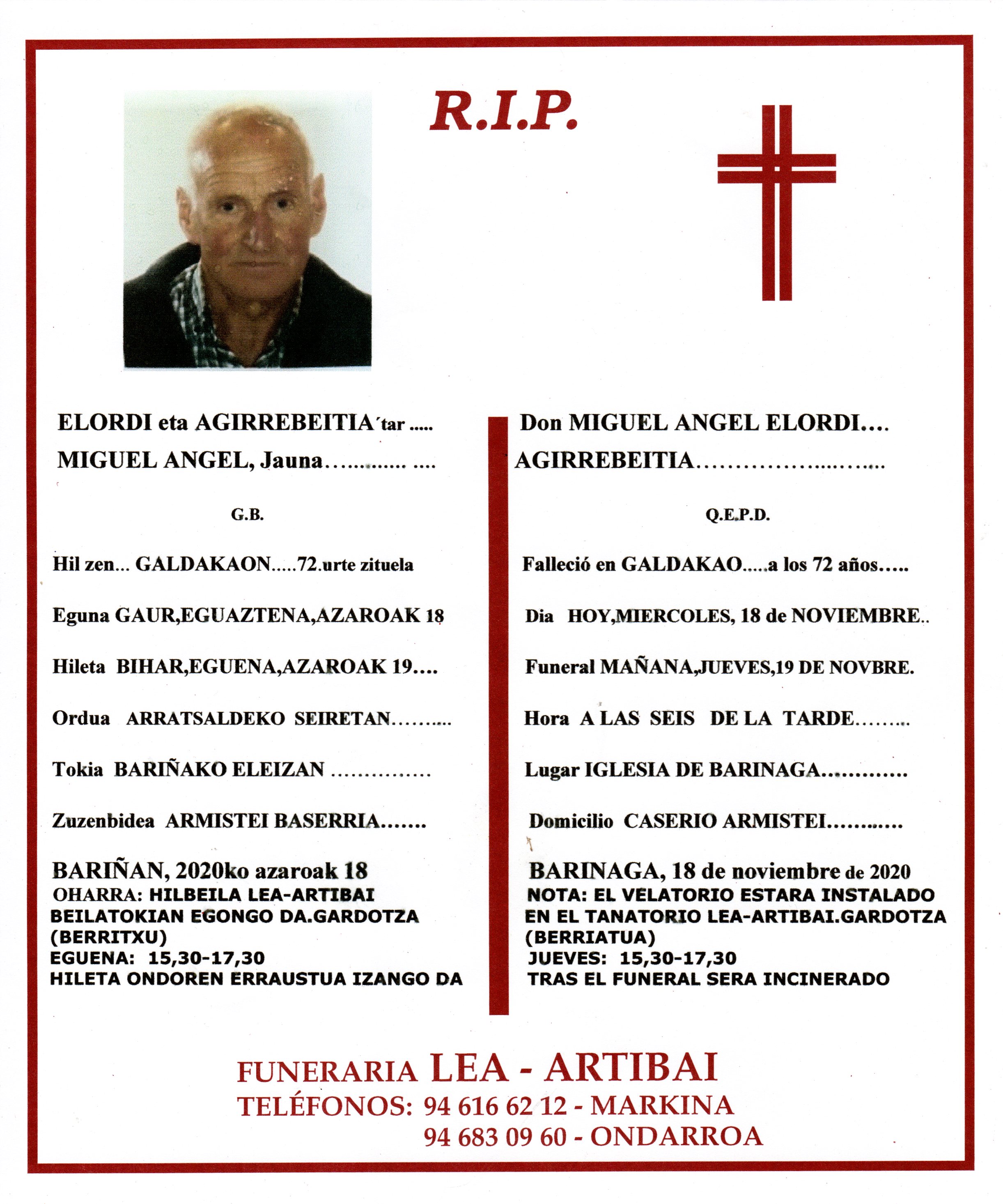 Esquela de Miguel Angel Elordi Agirrebeitia