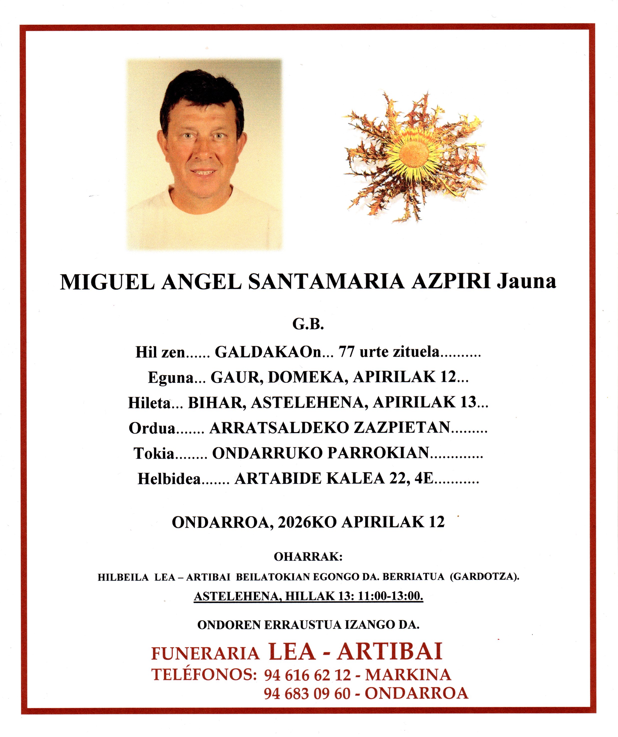 Esquela de Miguel Angel Santamaria Azpiri