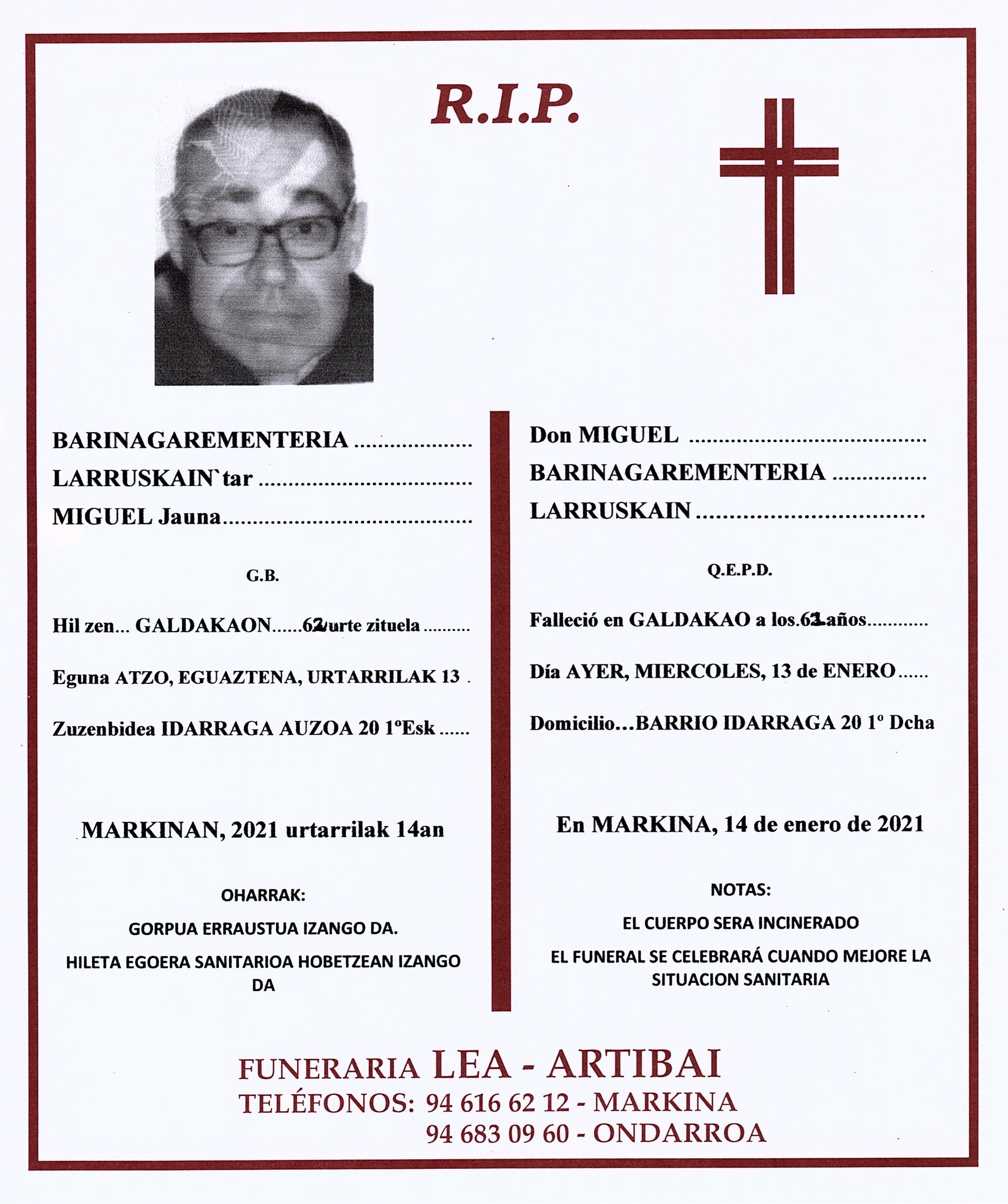 Esquela de Miguel Barinagarrementeria Larruskain