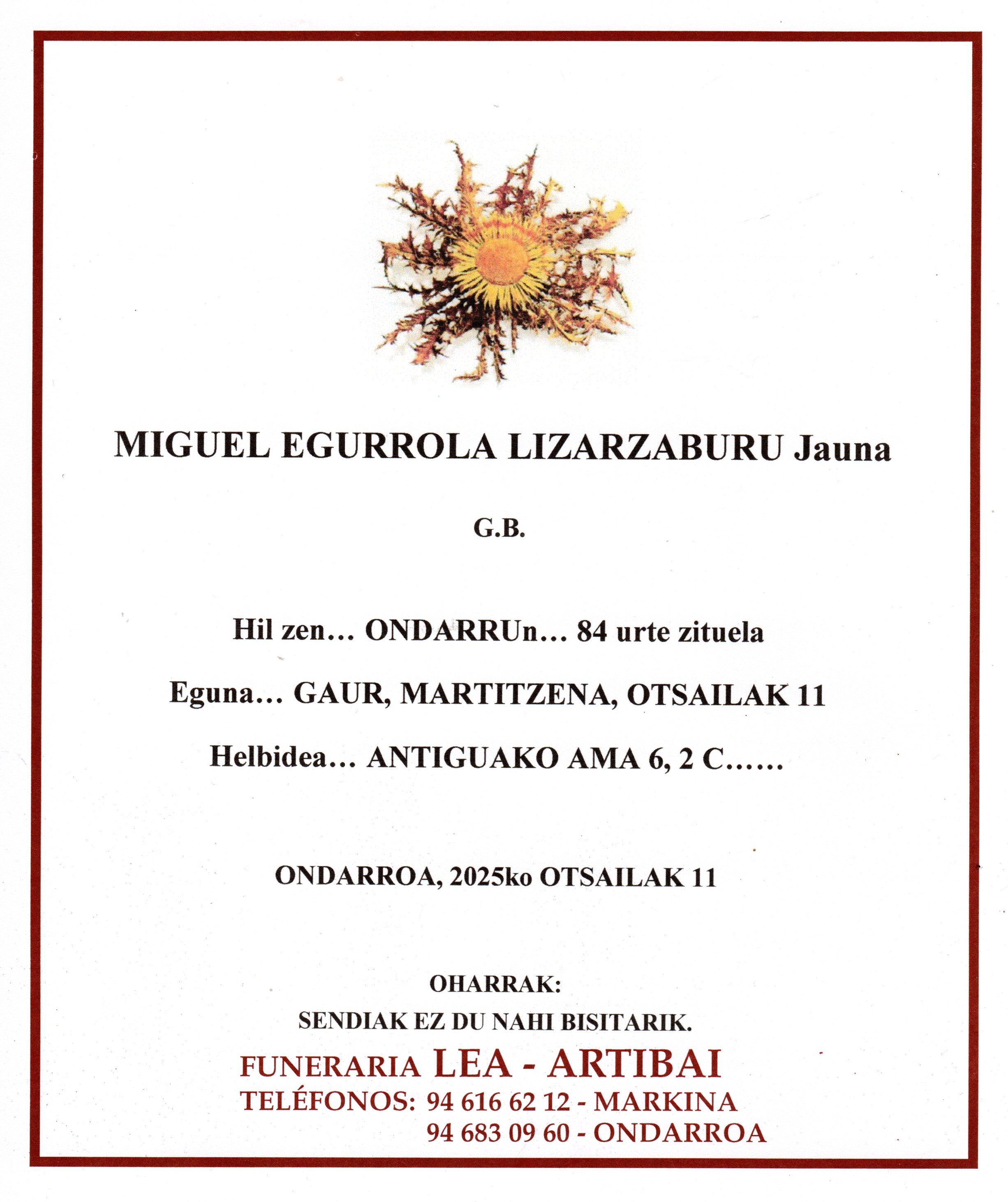Esquela de Miguel Egurrola Lizarzaburu