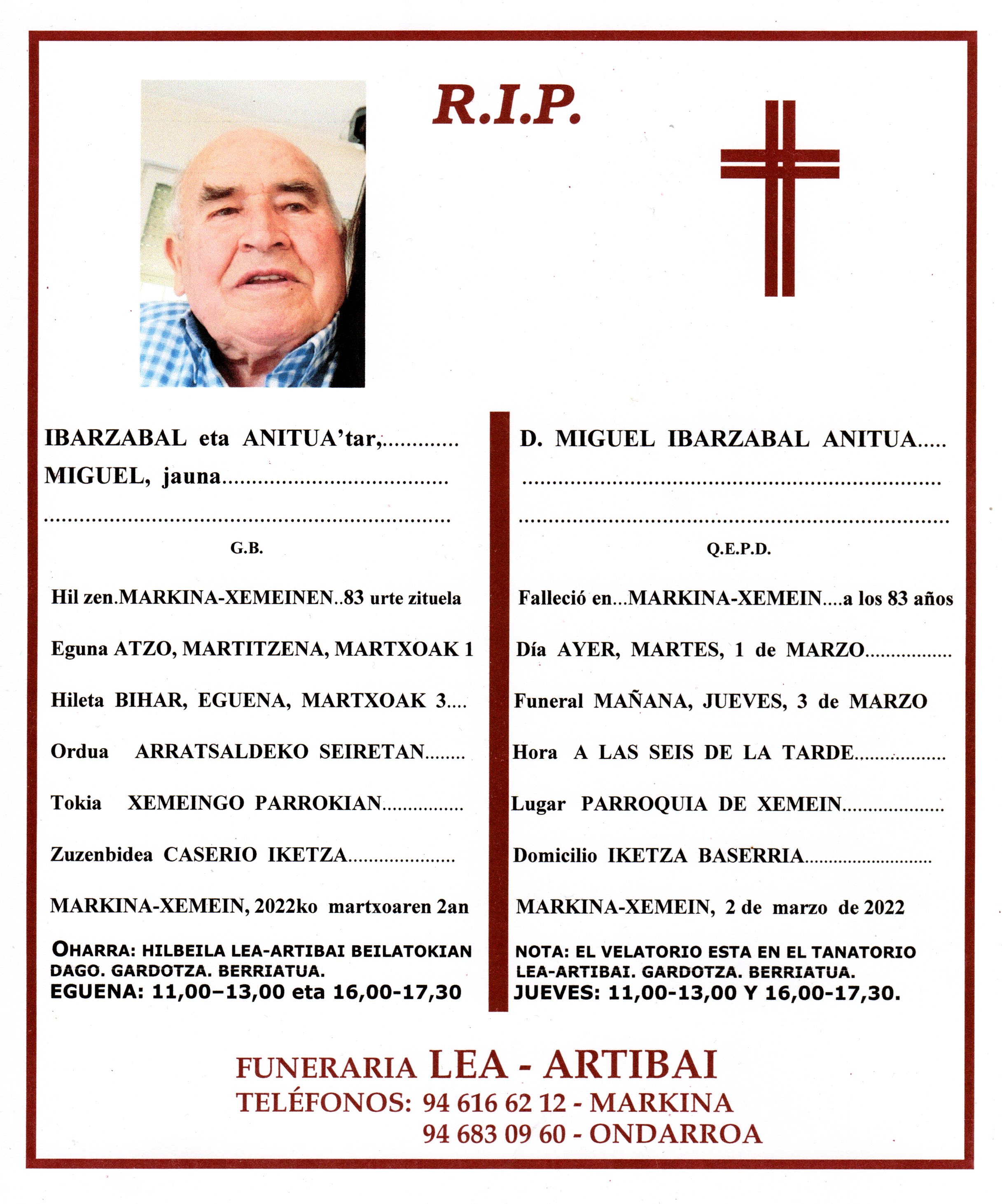 Esquela de Miguel Ibarzabal Anitua