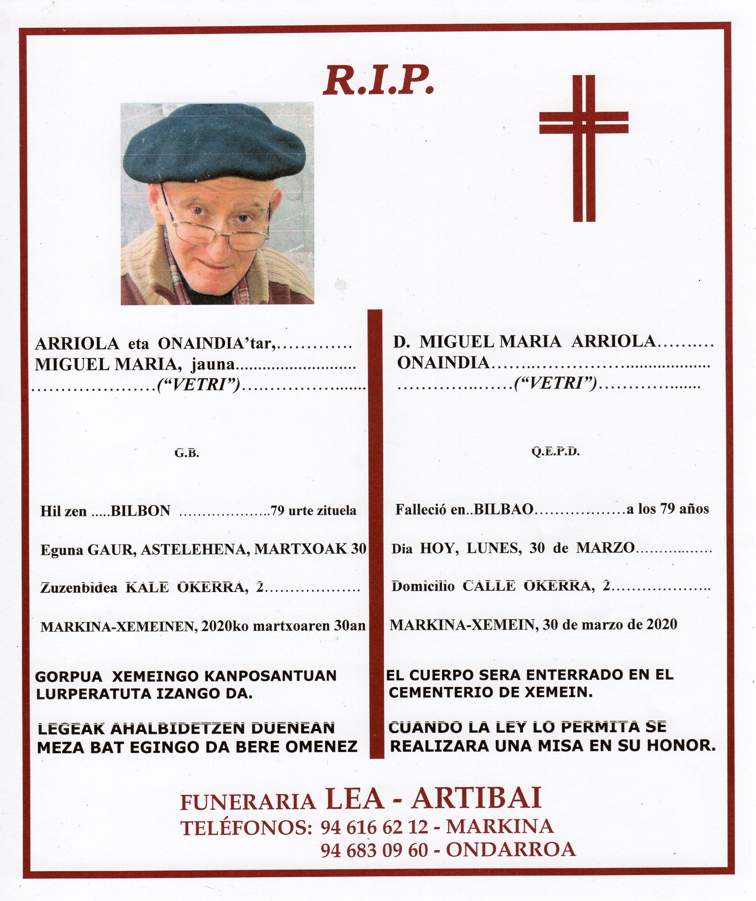 Esquela de Miguel Maria Arriola Onaindia