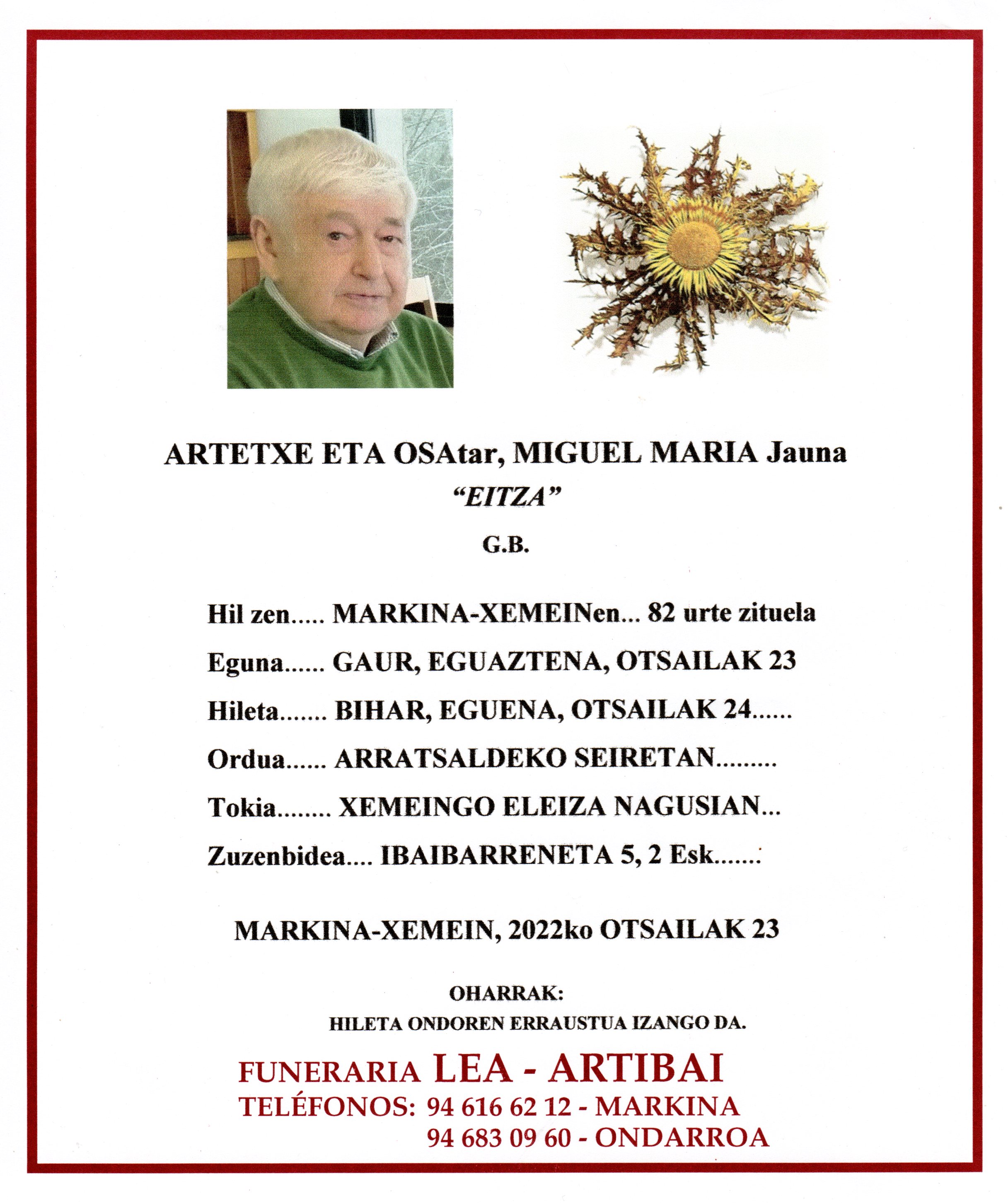 Esquela de Miguel Maria Artetxe Osa