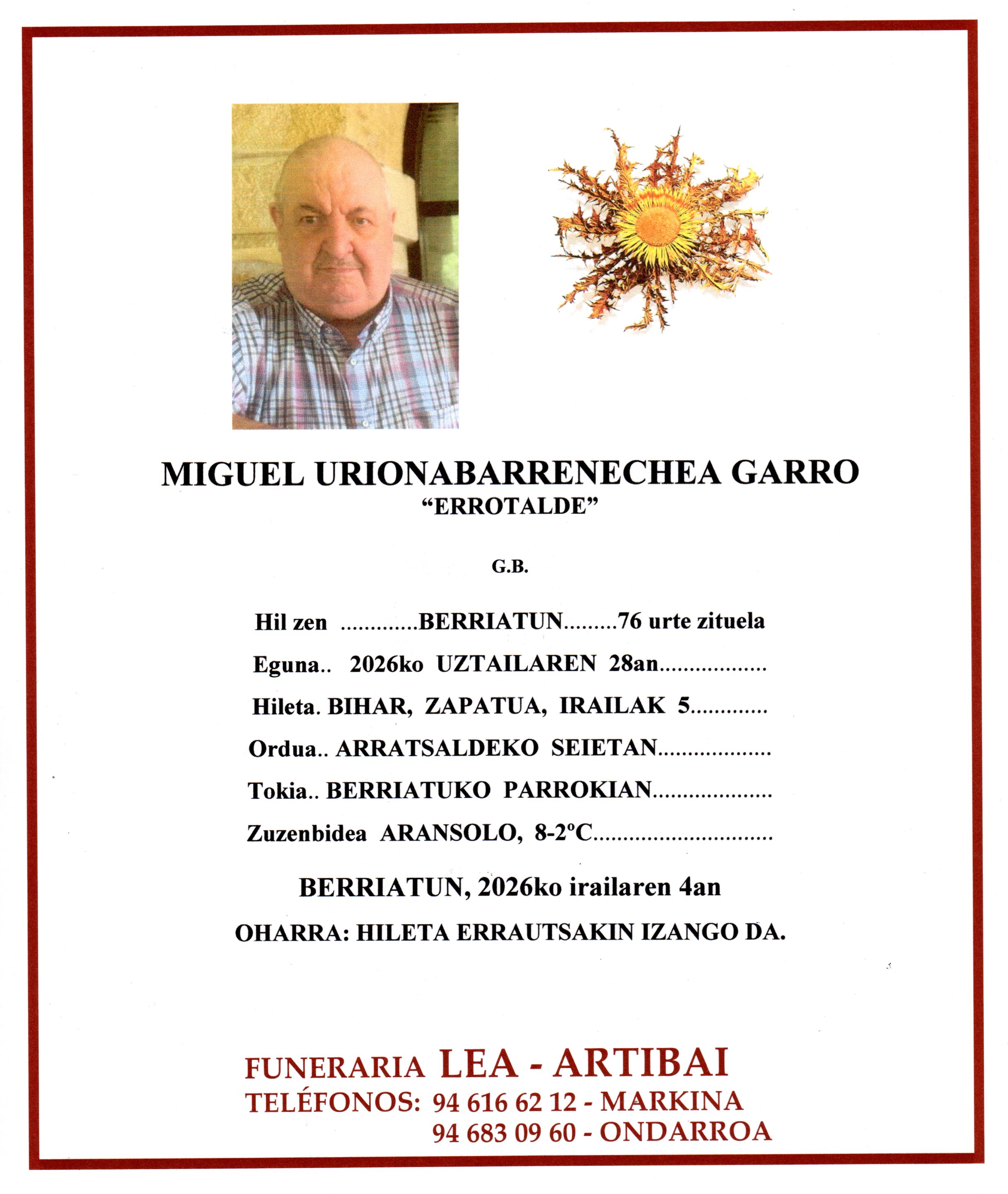 Esquela de Miguel Urionabarrenechea Garro