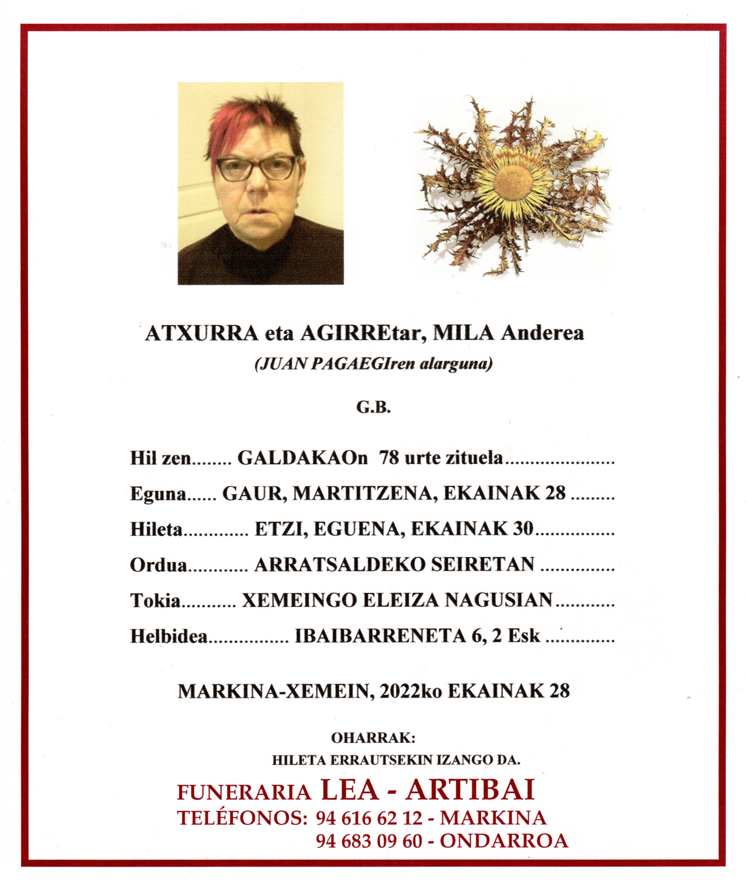 Esquela de Mila Atxurra Agirre