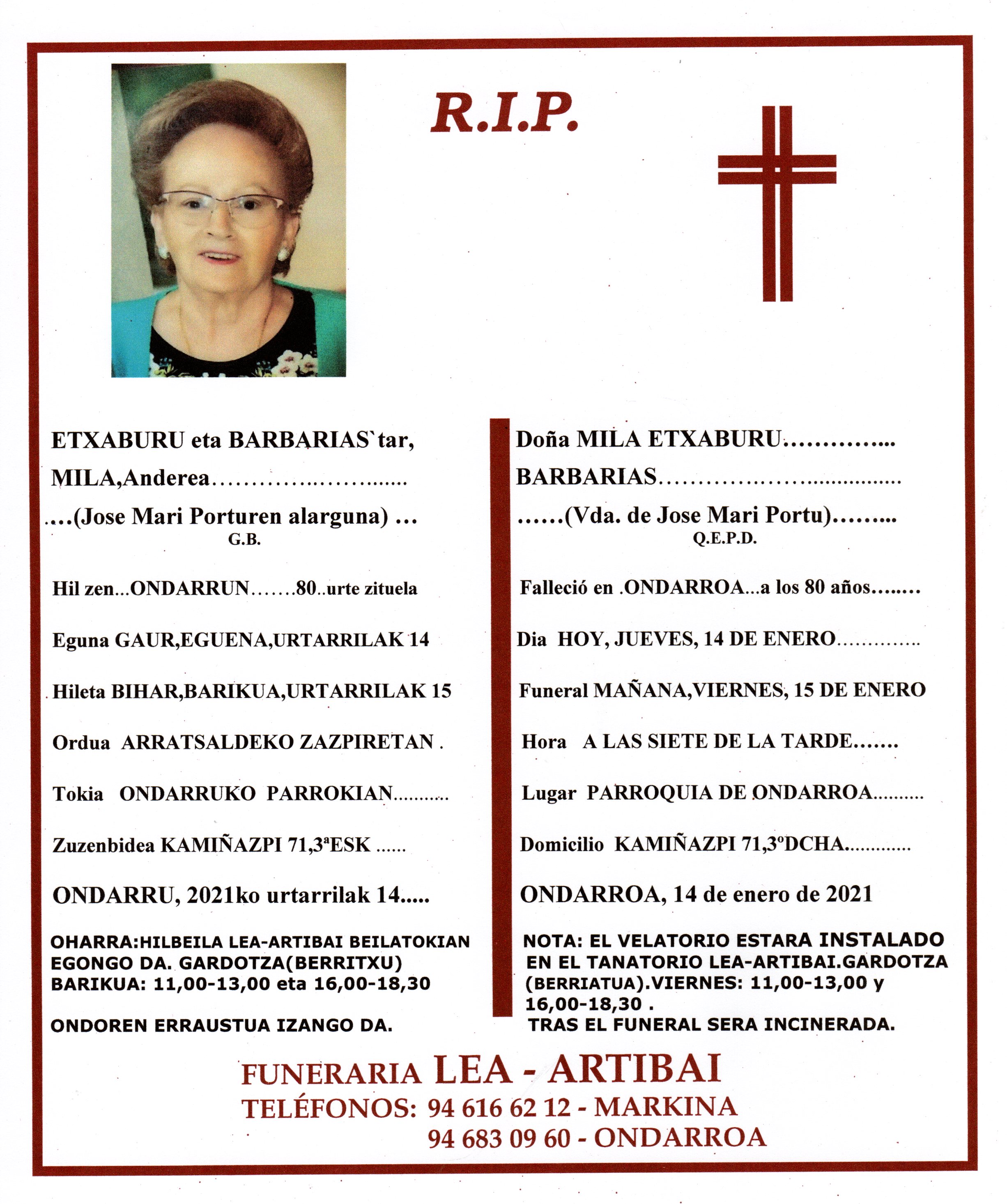 Esquela de Mila Etxaburu Barbarias