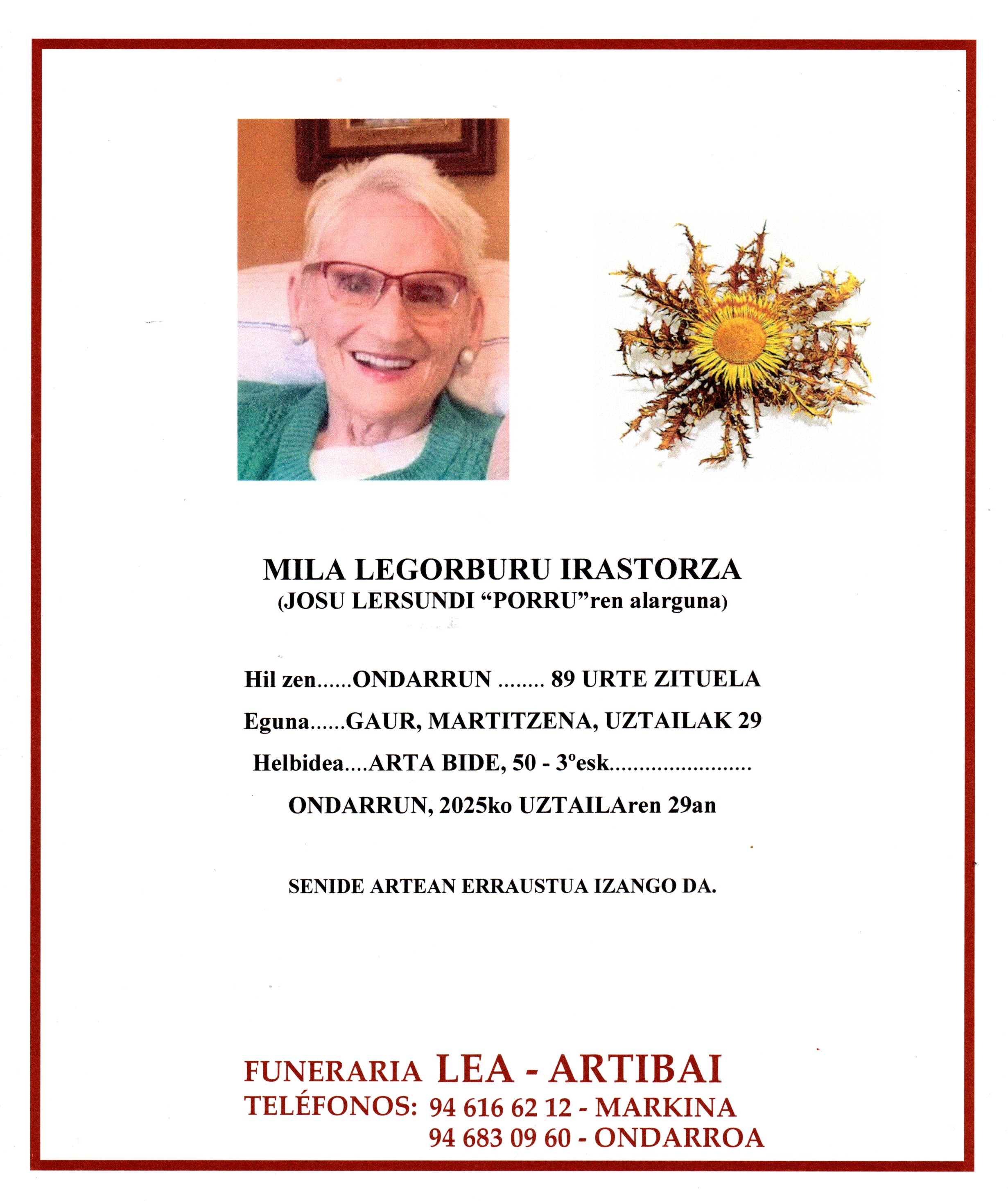 Esquela de Mila Legorburu Irastorza