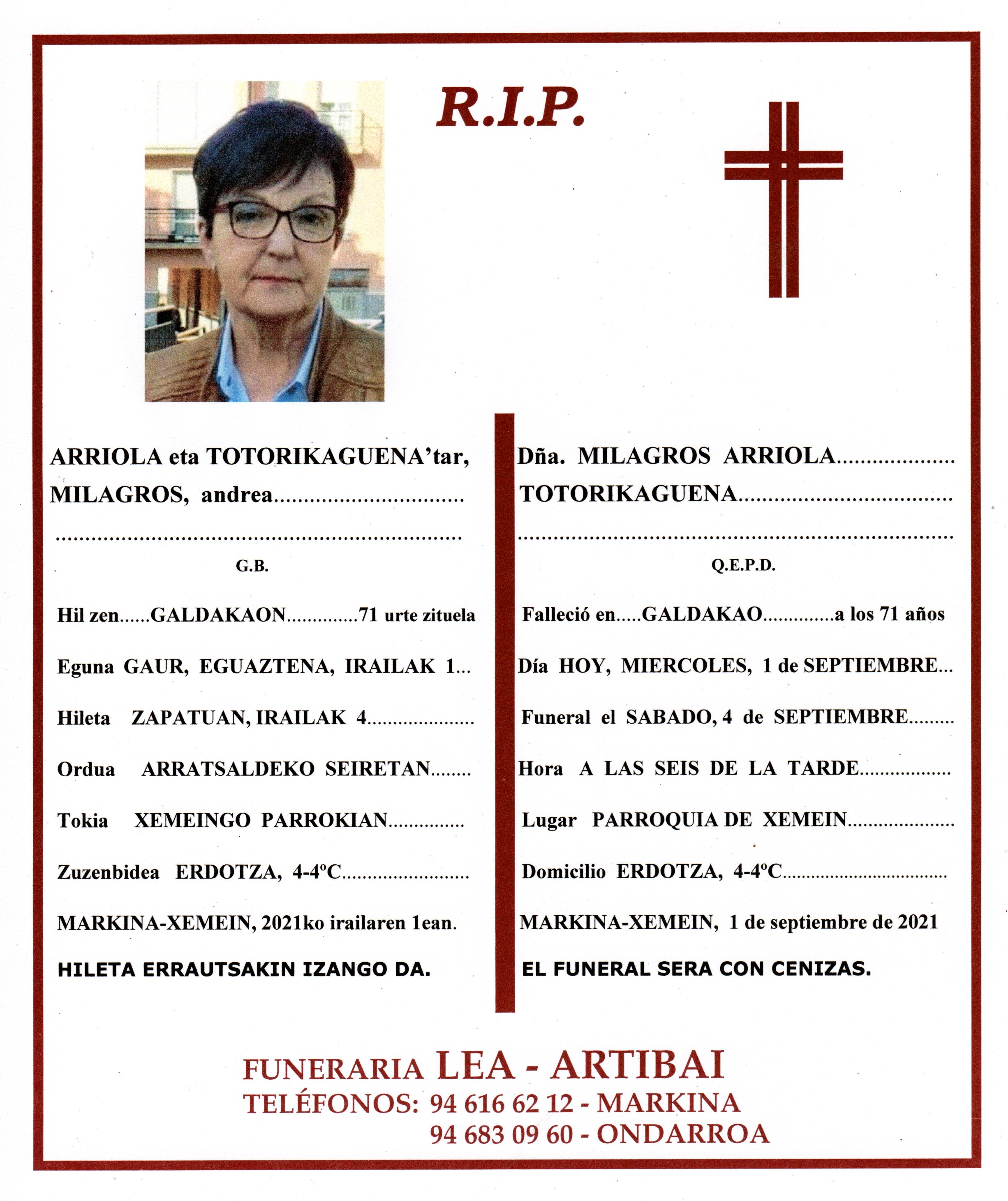 Esquela de Milagros Arriola Totorikaguena